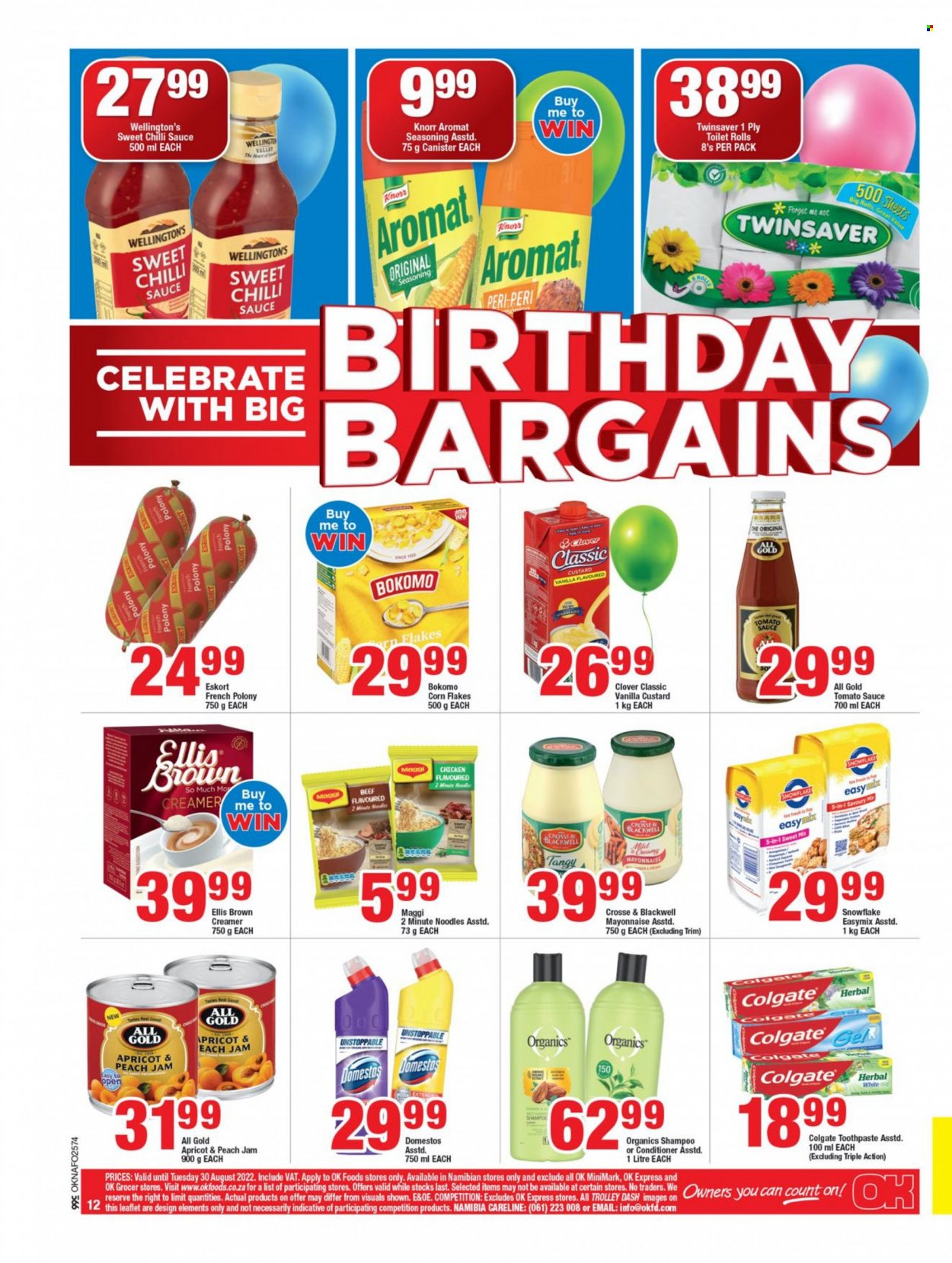 OK catalogue  - 20/08/2022 - 30/08/2022 - Sales products - Knorr, sauce, noodles, french polony, polony, Clover, Ellis Brown, creamer, mayonnaise, Maggi, tomato sauce, corn flakes, spice, chilli sauce, sweet chilli sauce, jam. Page 11.
