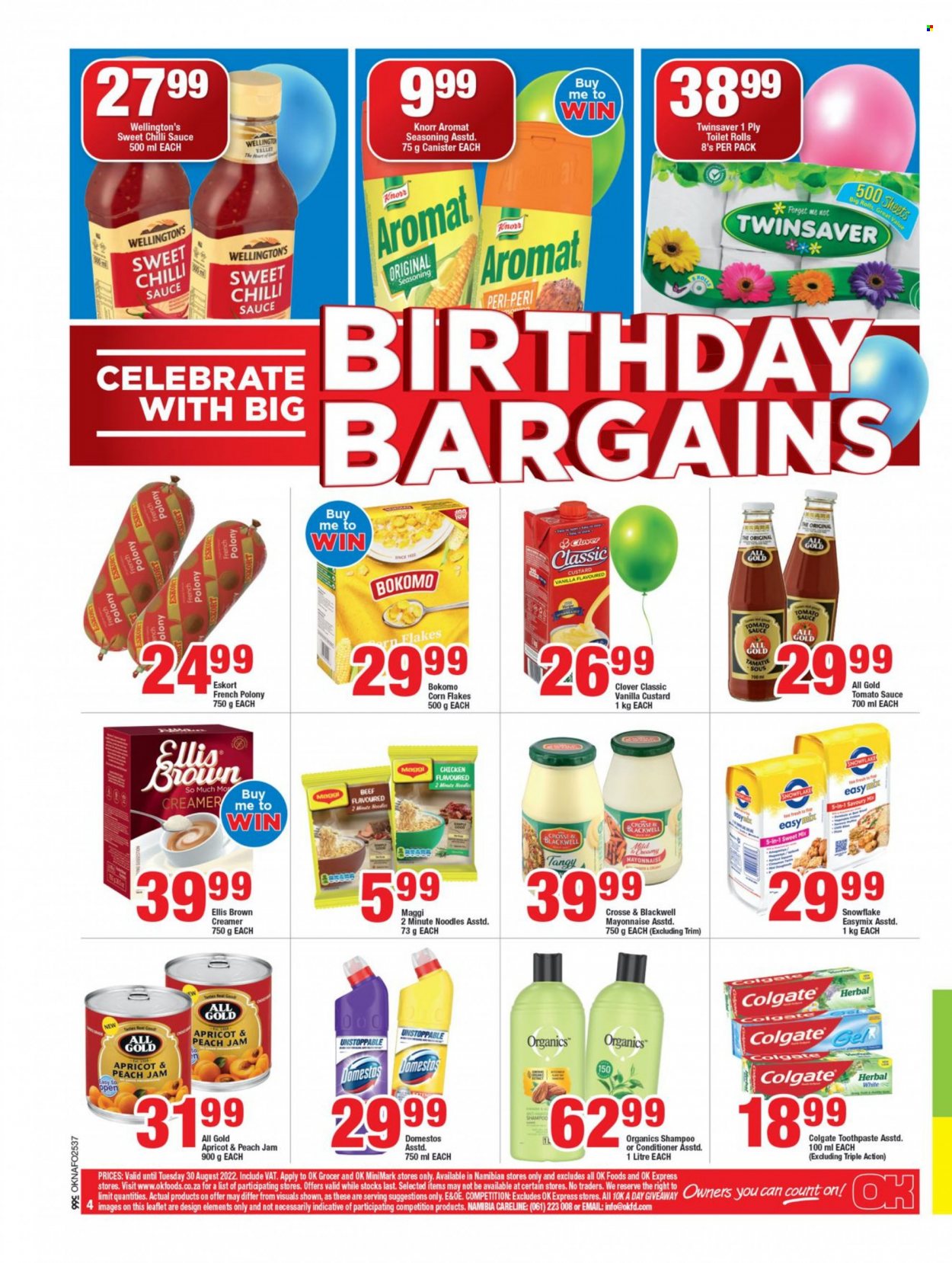 OK catalogue  - 20/08/2022 - 30/08/2022 - Sales products - Knorr, sauce, noodles, french polony, polony, Ellis Brown, creamer, mayonnaise, Maggi, tomato sauce, corn flakes, spice, chilli sauce, sweet chilli sauce, fruit jam. Page 4.