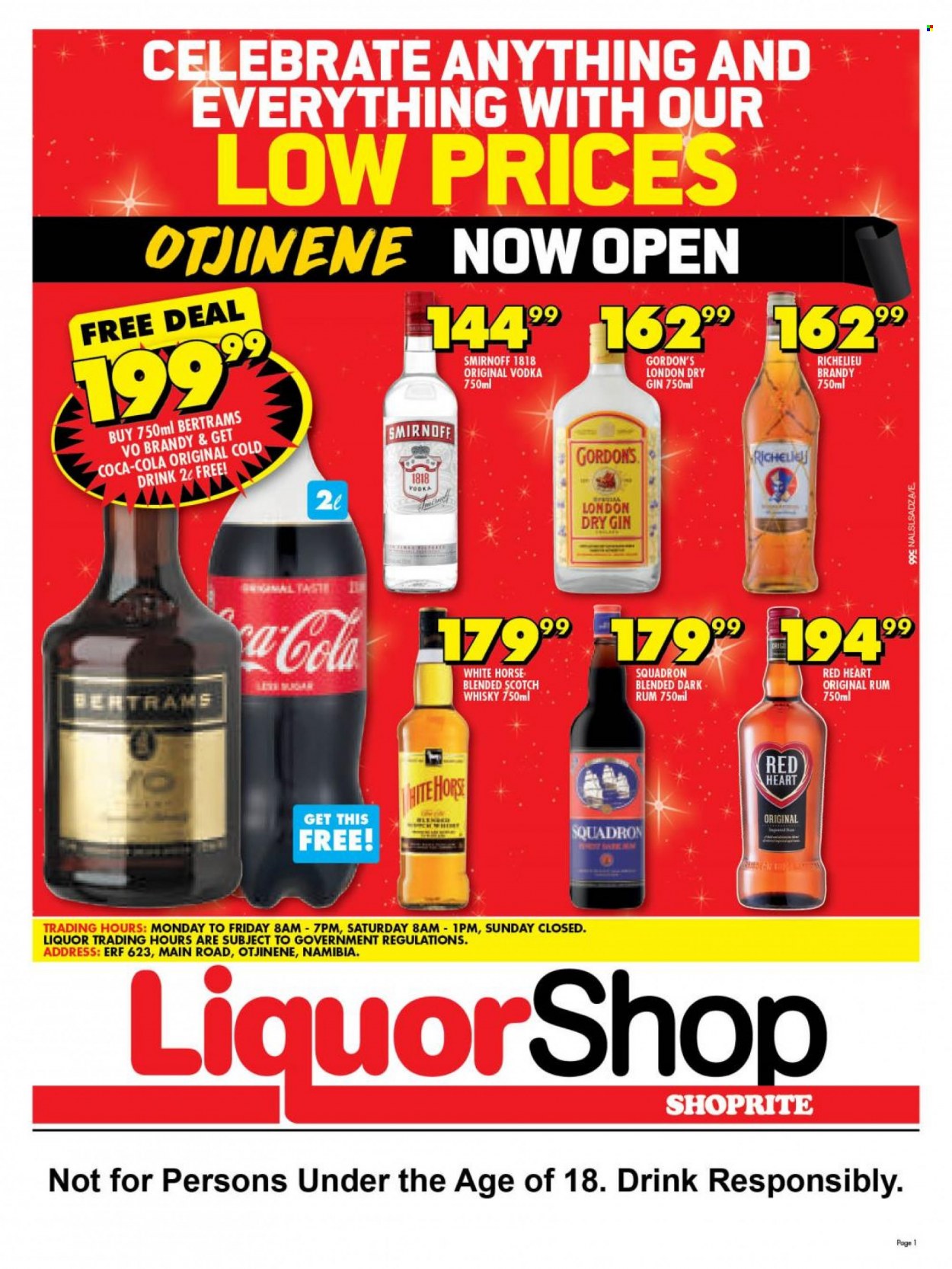 Shoprite catalogue  - 19/08/2022 - 03/09/2022 - Sales products - Coca-Cola, brandy, gin, rum, Smirnoff, vodka, liquor, Gordon's, Richelieu, Red Heart, scotch whisky, whisky. Page 1.