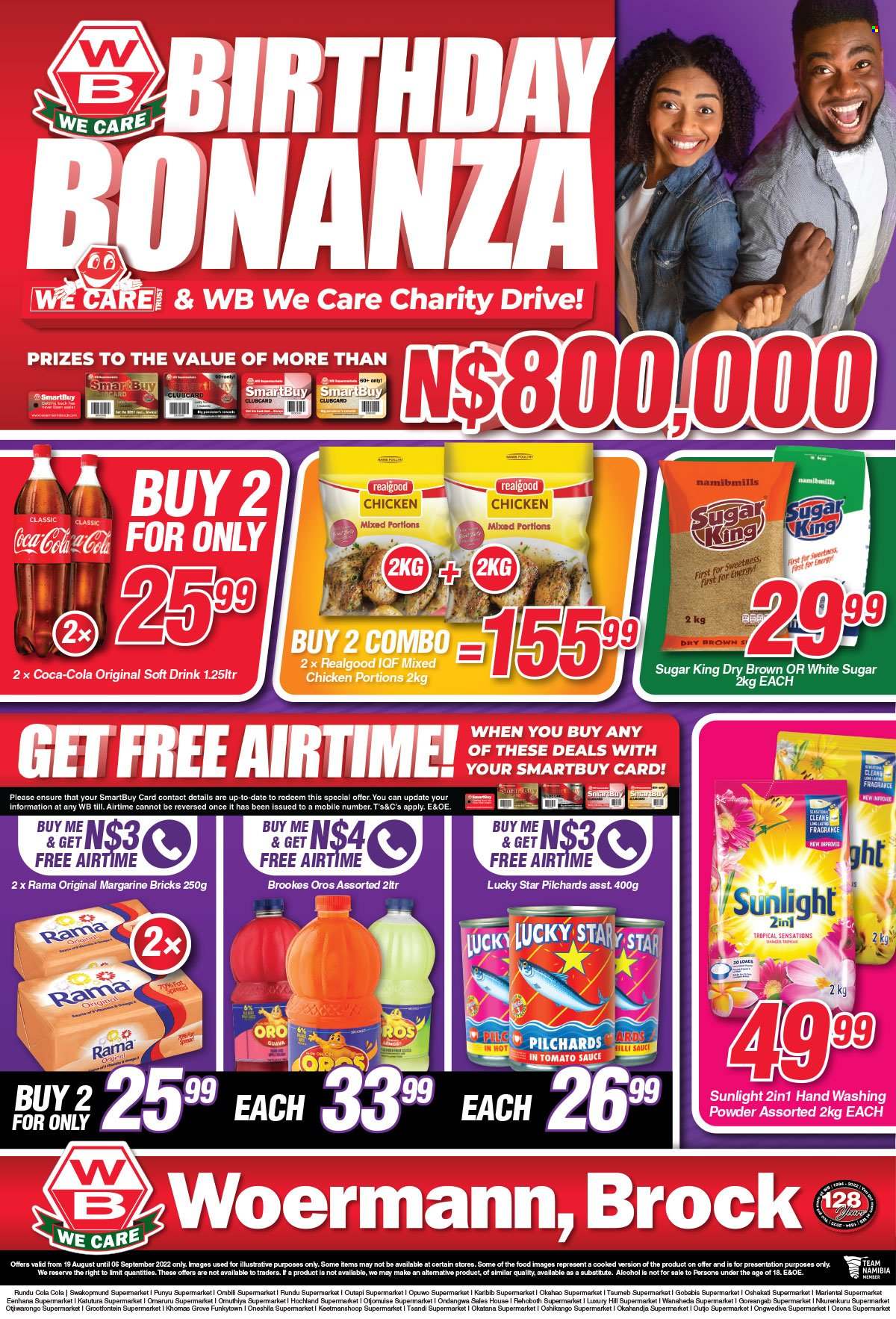 Woermann Brock catalogue  - 19/08/2022 - 06/09/2022 - Sales products - guava, sardines, margarine, Rama, sugar, Coca-Cola, soft drink, Oros, alcohol, laundry powder, Sunlight, fragrance. Page 1.