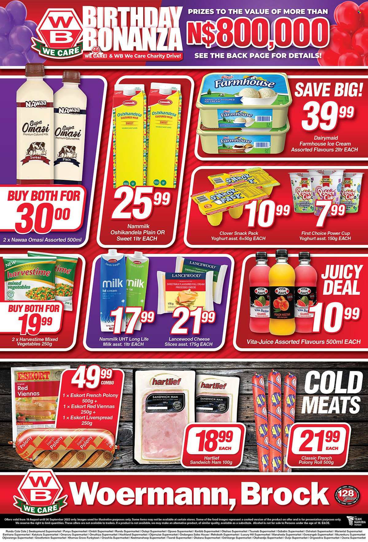 Woermann Brock catalogue  - 19/08/2022 - 06/09/2022 - Sales products - guava, sandwich, ham, french polony, polony, vienna sausage, sliced cheese, cheddar, cheese, Lancewood, yoghurt, Clover, milk, long life milk, ice cream, mixed vegetables, Harvestime, cloves, juice, alcohol. Page 2.