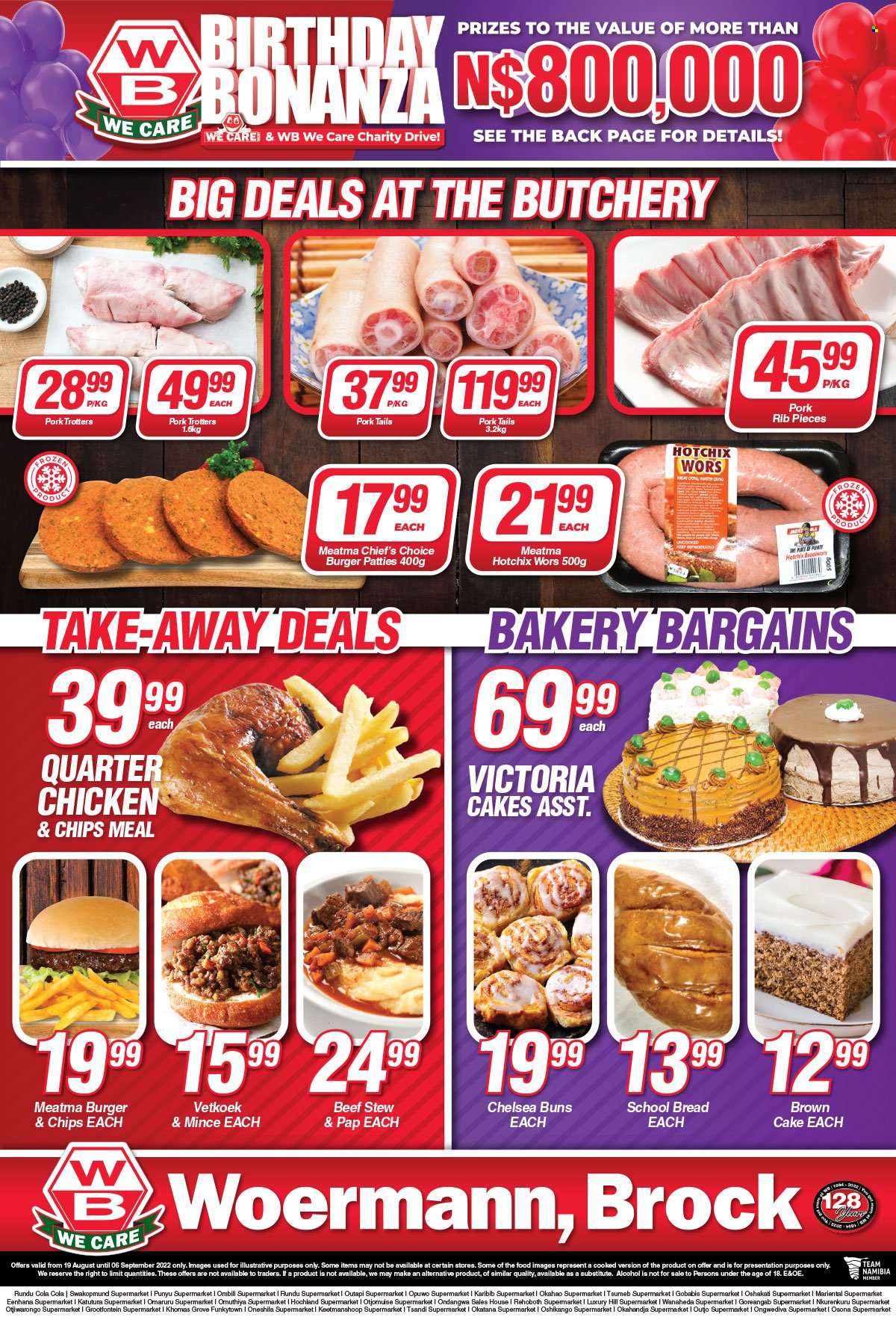 Woermann Brock catalogue  - 19/08/2022 - 06/09/2022 - Sales products - bread, cake, buns, hamburger, Victoria, chips, alcohol, burger patties. Page 3.