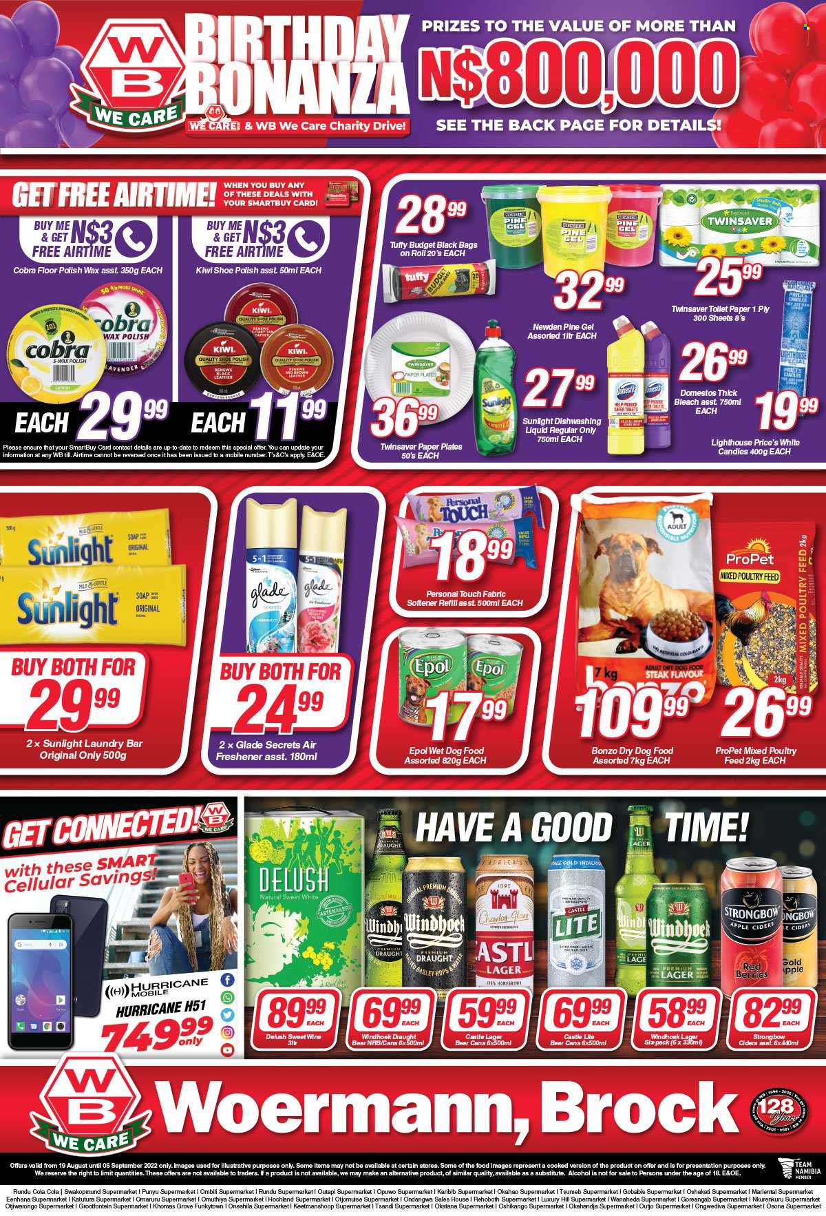 Woermann Brock catalogue  - 19/08/2022 - 06/09/2022 - Sales products - kiwi, wine, alcohol, beer, Castle, Lager, steak, toilet paper, Domestos, bleach, fabric softener, thick bleach, softener refill, laundry soap bar, Sunlight, dishwashing liquid, soap, animal food, dog food, wet dog food, dry dog food. Page 7.