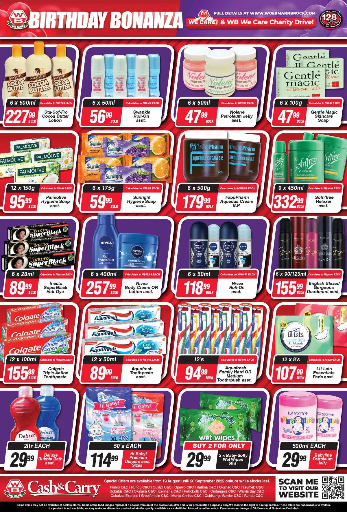 Woermann Brock catalogue  - 19/08/2022 - 20/09/2022 - Sales products - oranges, wine, alcohol, rosé wine, wipes, nappies, Sunlight, bubble bath, Nivea, Palmolive, soap, Colgate, toothpaste, Lil-lets, petroleum jelly, Gentle Magic, relaxer, body lotion, Top Society, anti-perspirant, eau de parfum, roll-on, English Blazer, Yardley, deodorant, Swankie. Page 5.