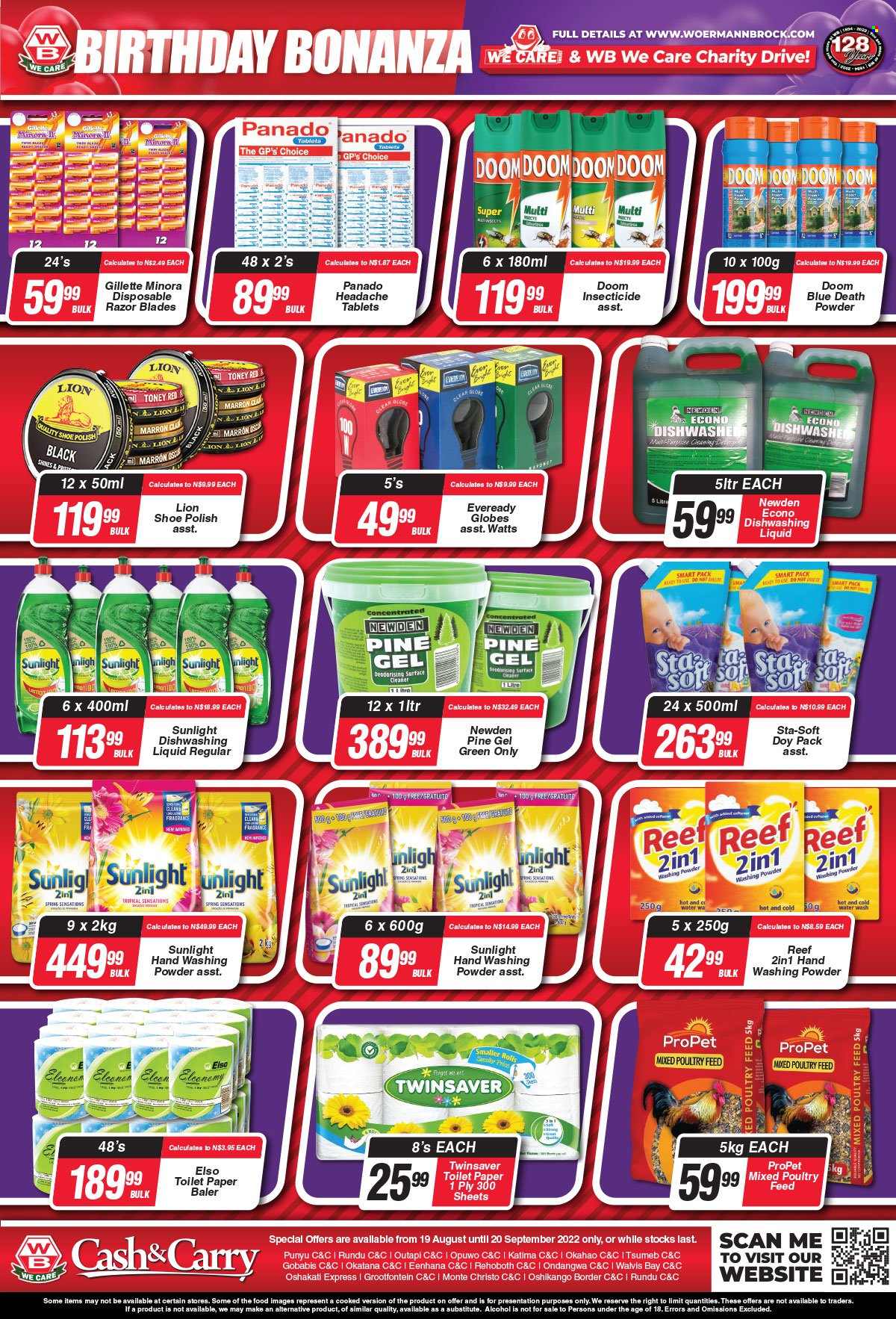 Woermann Brock catalogue  - 19/08/2022 - 20/09/2022 - Sales products - alcohol, Sol, toilet paper, laundry powder, Sunlight, dishwashing liquid, Gillette, disposable razor. Page 6.
