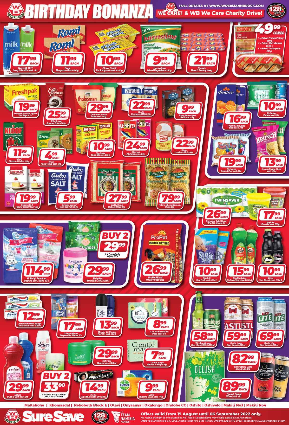 Woermann Brock catalogue  - 19/08/2022 - 06/09/2022 - Sales products - sardines, soup, Knorr, french polony, polony, vienna sausage, lunch meat, yoghurt, Clover, milk, long life milk, condensed milk, Ellis Brown, margarine, mixed vegetables, Harvestime, Nestlé, potato chips, chips, flour, wheat flour, rice, parboiled rice, spice, Hinds, peanut butter, fruit juice, juice, tea bags, rooibos tea, coffee, wine, alcohol, beer, Castle, Lager, wipes, nappies, toilet paper, Dettol, bleach, dishwashing liquid, bubble bath, soap, toothpaste, Lil-lets, petroleum jelly, Gentle Magic, relaxer, body lotion, roll-on, Sure, Gillette. Page 2.