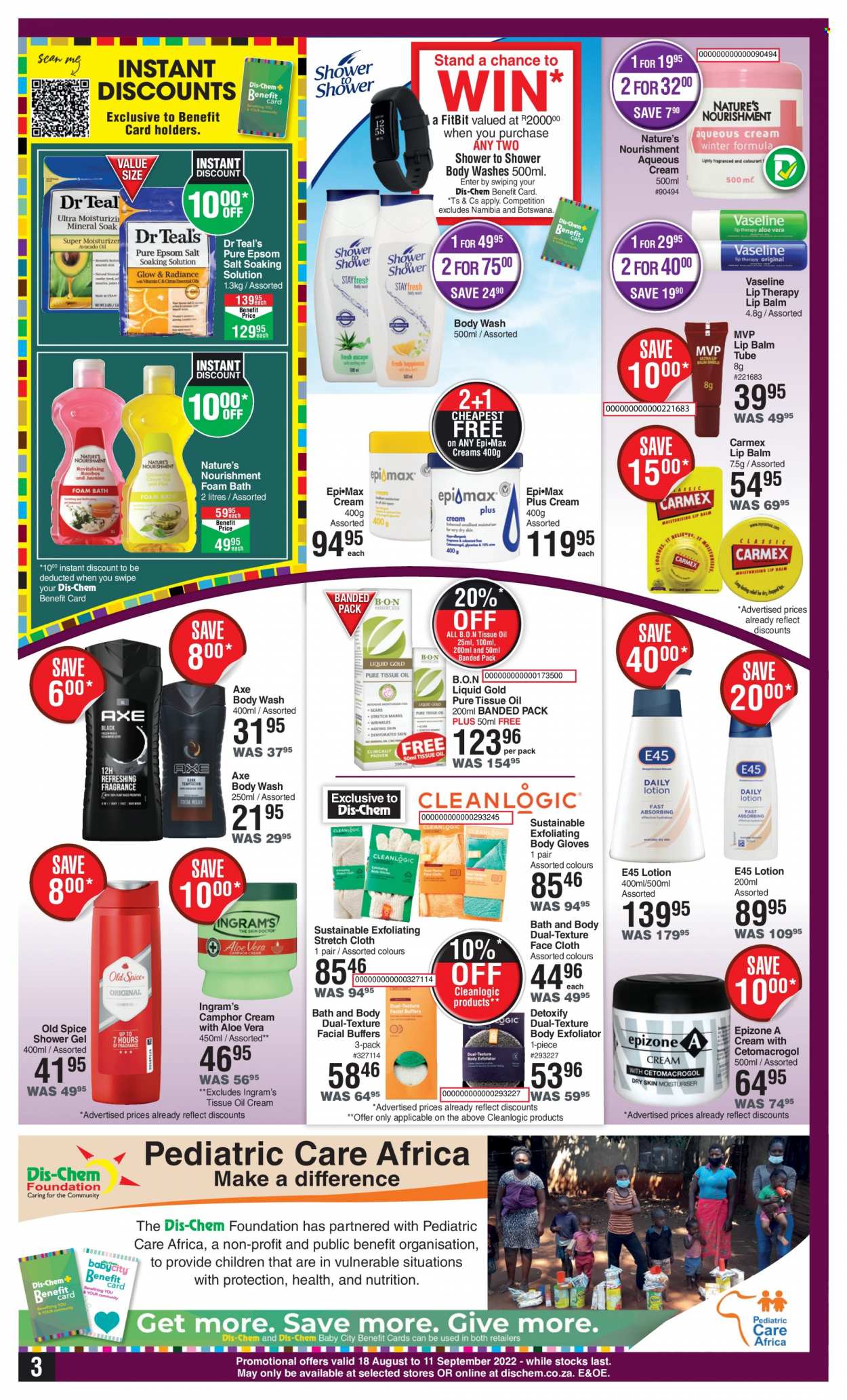 thumbnail - Dis-Chem catalogue  - 18/08/2022 - 11/09/2022 - Sales products - Epi-Max, tissues, body wash, shower gel, Old Spice, bath foam, Vaseline, lip balm, E45, body lotion, Axe. Page 3.
