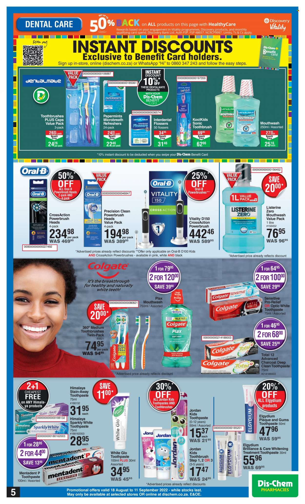thumbnail - Dis-Chem catalogue  - 18/08/2022 - 11/09/2022 - Sales products - Listerine, toothbrush, Oral-B, toothpaste, mouthwash, Mentadent, Plax. Page 5.