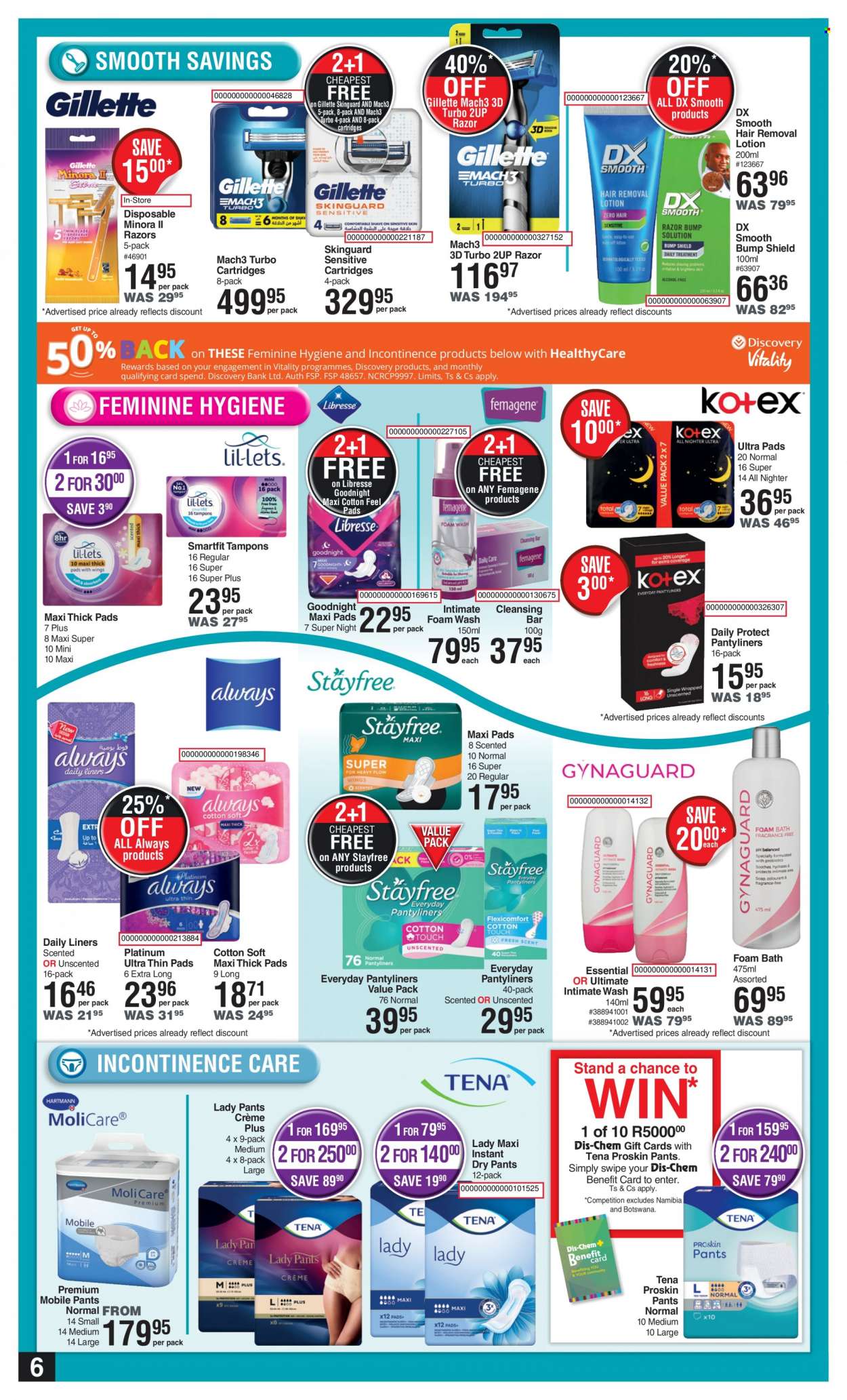 thumbnail - Dis-Chem catalogue  - 18/08/2022 - 11/09/2022 - Sales products - pants, bath foam, Stayfree, sanitary pads, pantyliners, tampons, body lotion, Gillette, razor, hair removal. Page 6.