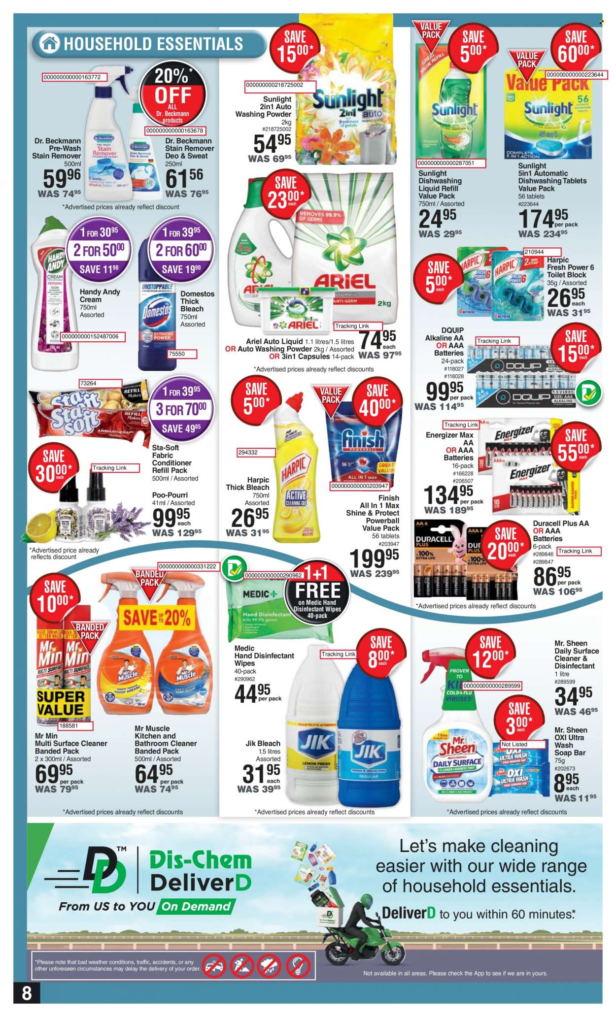 thumbnail - Dis-Chem catalogue  - 18/08/2022 - 11/09/2022 - Sales products - wipes, Domestos, surface cleaner, bleach, desinfection, cleaner, stain remover, Harpic, Mr. Muscle, Ariel, thick bleach, laundry powder, Sunlight, dishwashing liquid, soap bar, soap, deodorant. Page 8.