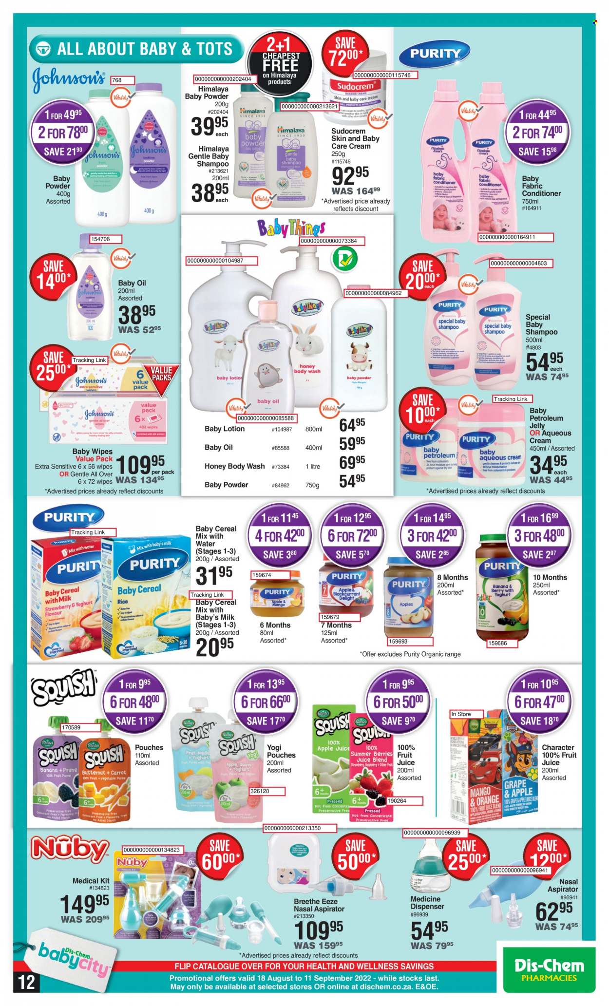 thumbnail - Dis-Chem catalogue  - 18/08/2022 - 11/09/2022 - Sales products - wipes, baby wipes, petroleum jelly, baby powder, baby oil, body wash, shampoo, body lotion, Sudocrem. Page 12.