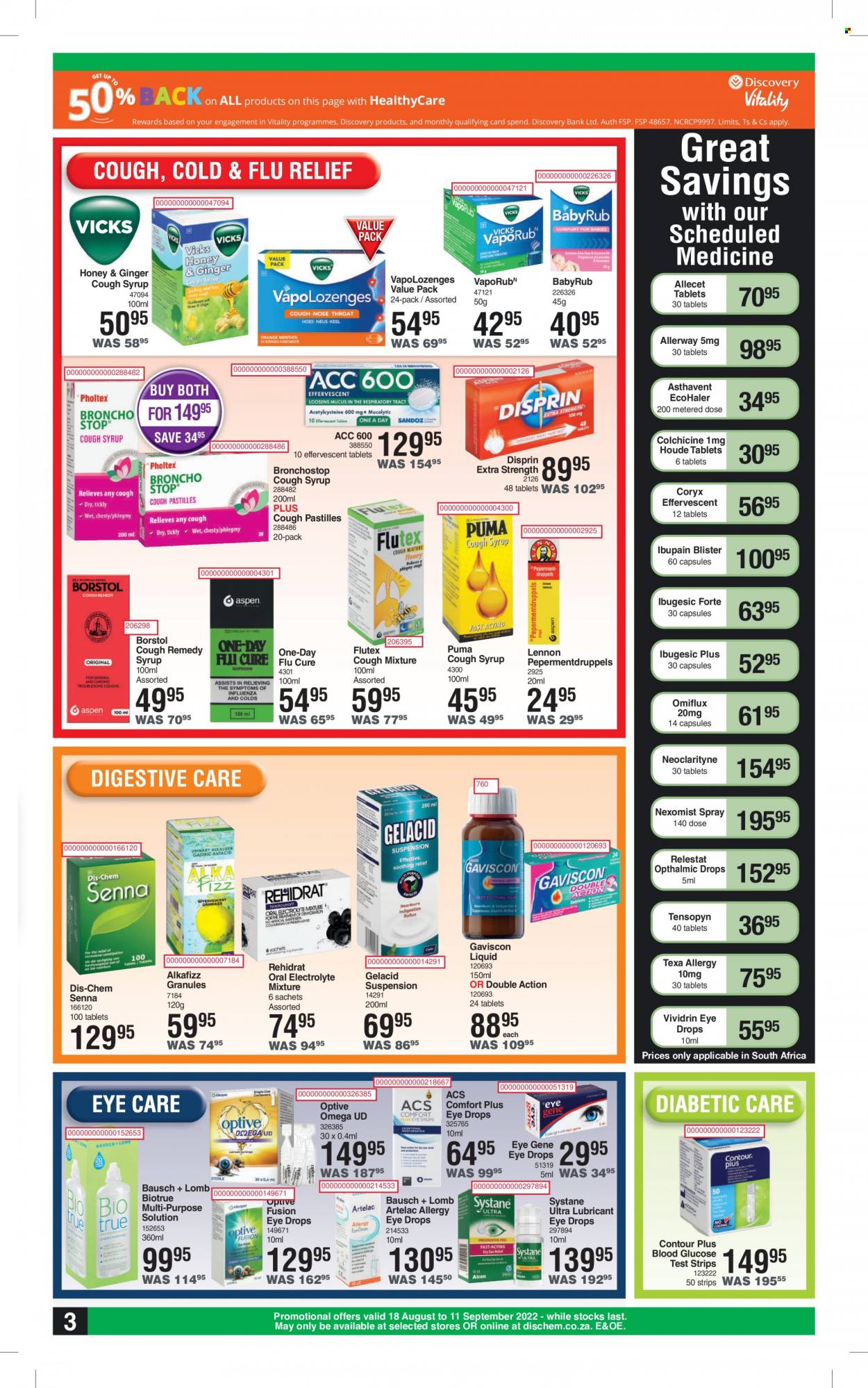 thumbnail - Dis-Chem catalogue  - 18/08/2022 - 11/09/2022 - Sales products - lubricant, contour, Cold & Flu, Systane, Biotrue, eye drops, syrup, Gaviscon. Page 3.