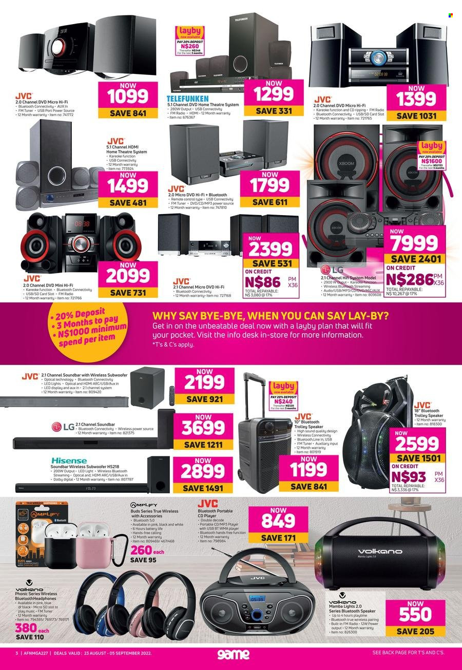 Game catalogue  - 23/08/2022 - 05/09/2022 - Sales products - toner, LG, Hisense, JVC, radio, home theater, hi-fi, mp3 player, cd player, speaker, subwoofer, wireless subwoofer, bluetooth speaker, sound bar, trolley speaker, headphones, Volkano, remote control. Page 3.