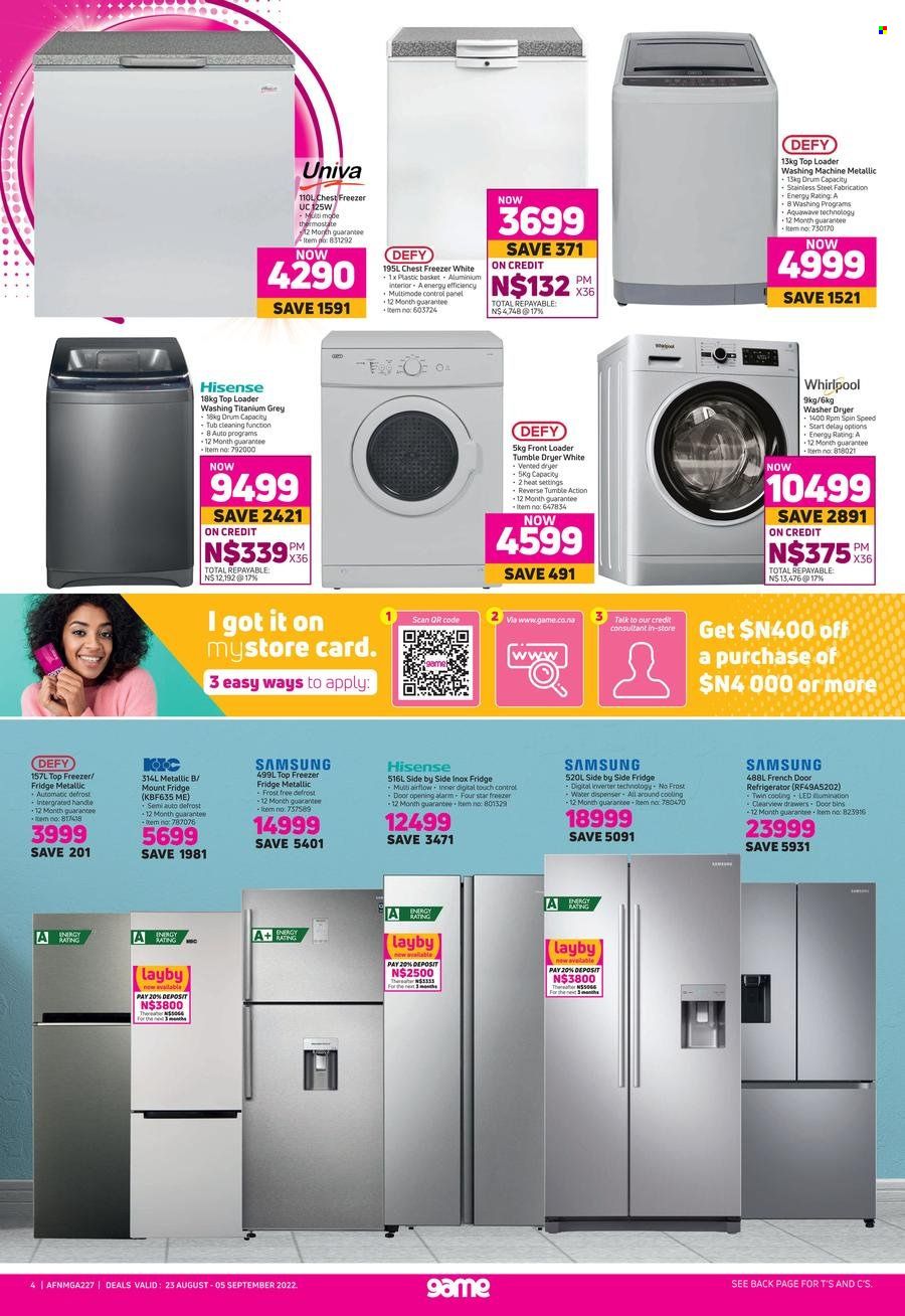 Game catalogue  - 23/08/2022 - 05/09/2022 - Sales products - dispenser, Samsung, Hisense, freezer, french door refrigerator, chest freezer, refrigerator, fridge, Whirlpool, water dispenser, basket. Page 4.