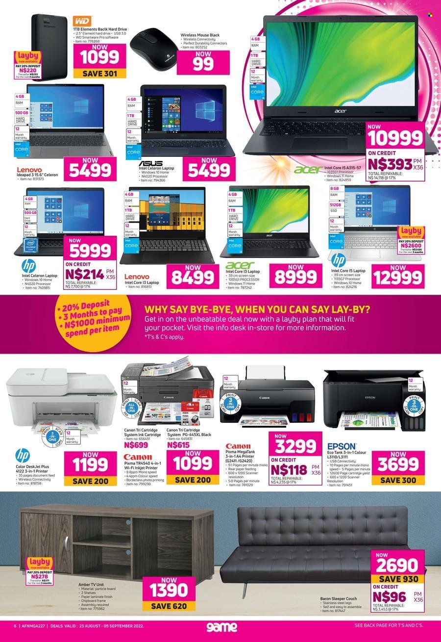 Game catalogue  - 23/08/2022 - 05/09/2022 - Sales products - Acer, Asus, Lenovo, Hewlett Packard, Canon, ink printer, printer, Epson, scanner, cartridge, sofa bed, couch, tank. Page 6.