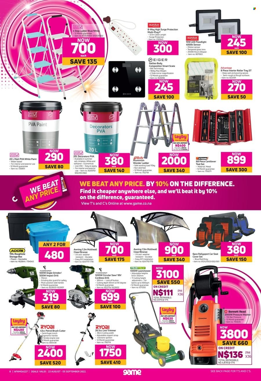Game catalogue  - 23/08/2022 - 05/09/2022 - Sales products - scale, storage box, quilt cover set, Bennett Read, grinder, drill, Ryobi, circular saw, saw, angle grinder, trimmer, brush cutter, lawn mower, tool set, pressure washer. Page 8.
