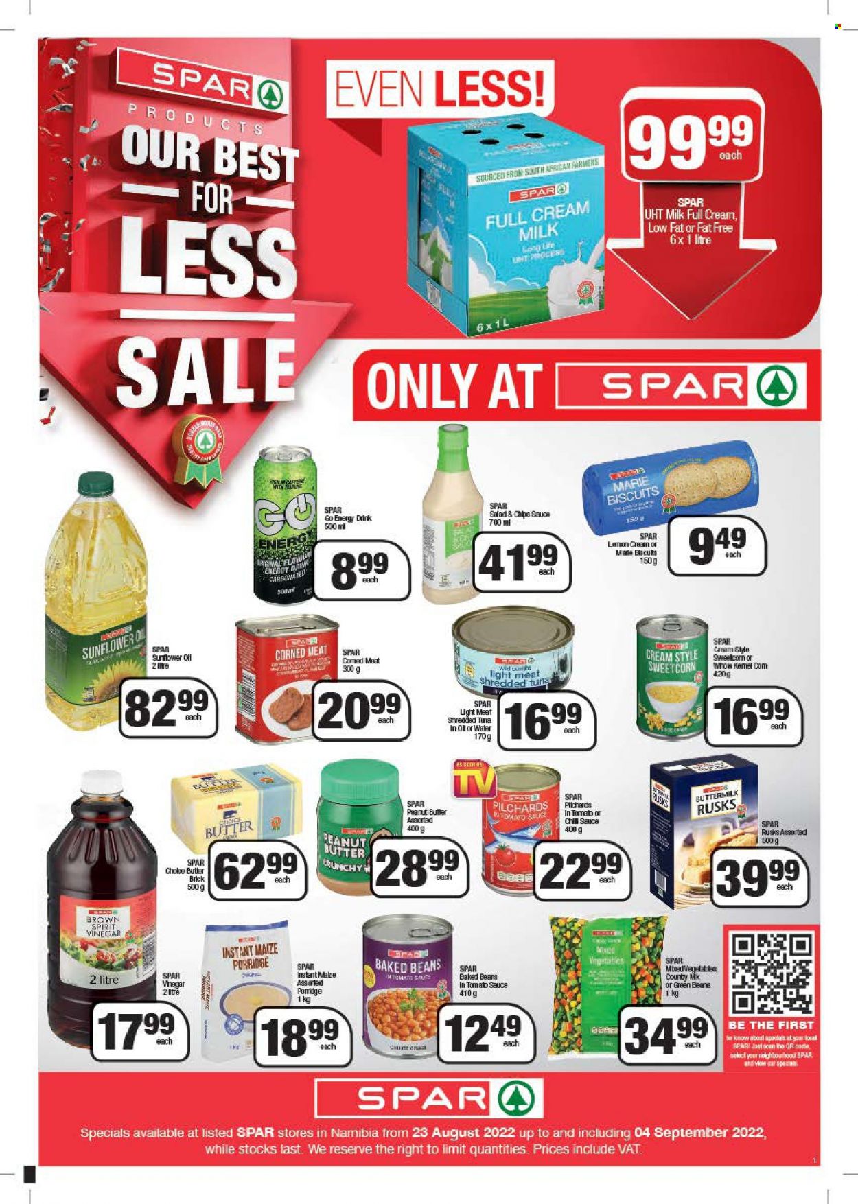 SPAR catalogue  - 23/08/2022 - 04/09/2022 - Sales products - rusks, beans, green beans, salad, sardines, tuna, buttermilk, mixed vegetables, biscuit, chips, corned meat, baked beans, porridge, peanut butter, energy drink. Page 1.