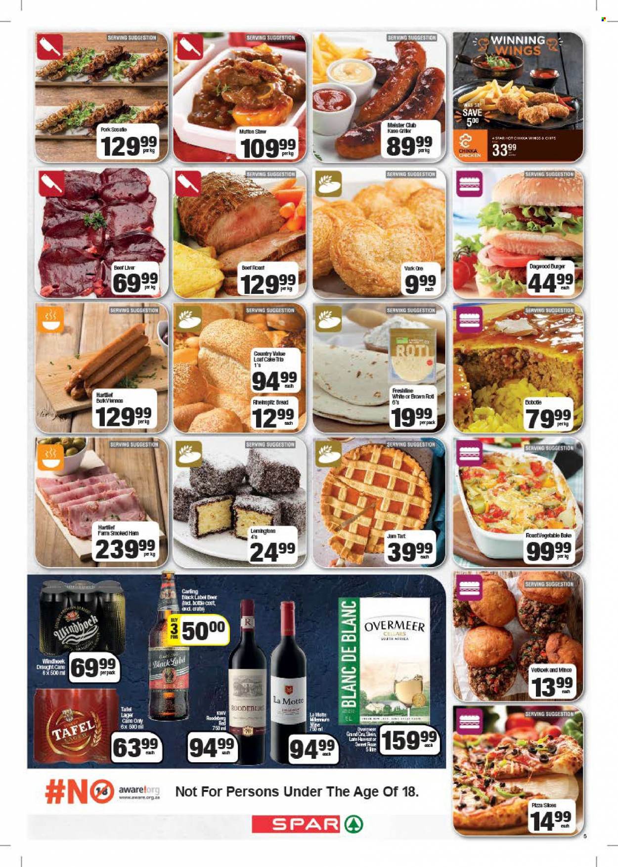 SPAR catalogue  - 23/08/2022 - 04/09/2022 - Sales products - bread, cake, pizza, hamburger, dagwood, ham, smoked ham, jam, wine, KWV, rosé wine, beer, Carling, Lager, mutton meat. Page 5.