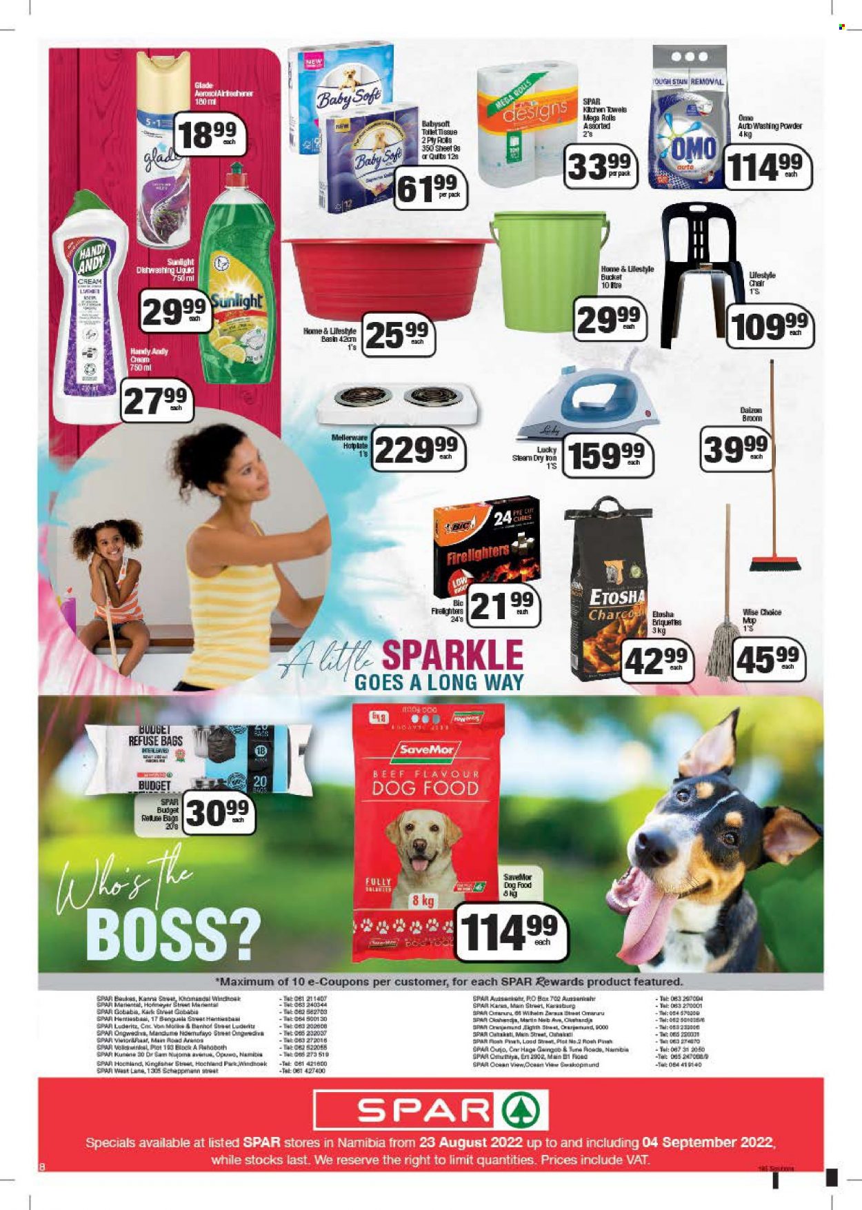SPAR catalogue  - 23/08/2022 - 04/09/2022 - Sales products - Baby Soft, tissues, kitchen towels, Omo, laundry powder, Sunlight, dishwashing liquid, BIC, firelighters, briquettes, refuse bag. Page 8.