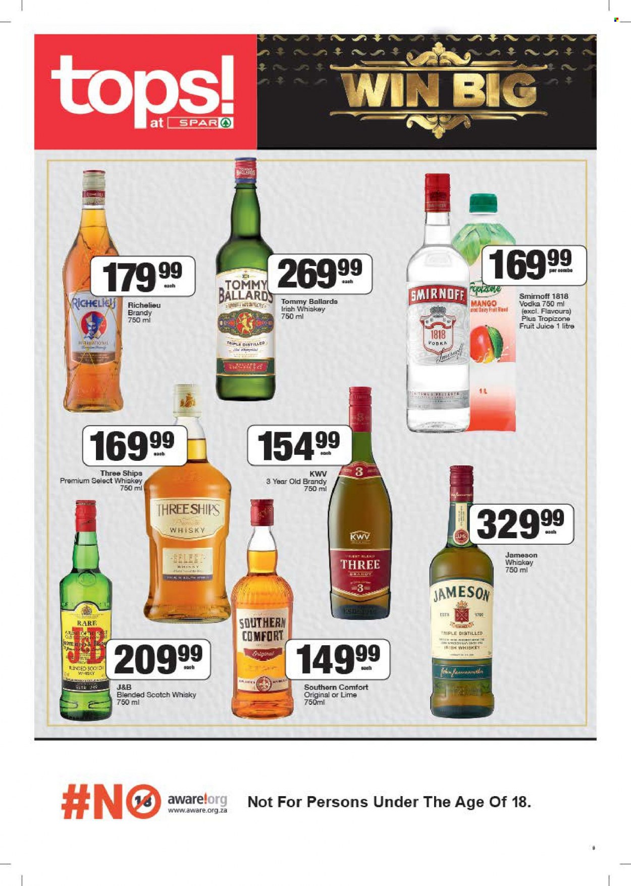 SPAR catalogue  - 23/08/2022 - 04/09/2022 - Sales products - mango, fruit juice, juice, KWV, brandy, Smirnoff, vodka, whiskey, irish whiskey, Jameson, Richelieu, scotch whisky, whisky. Page 9.