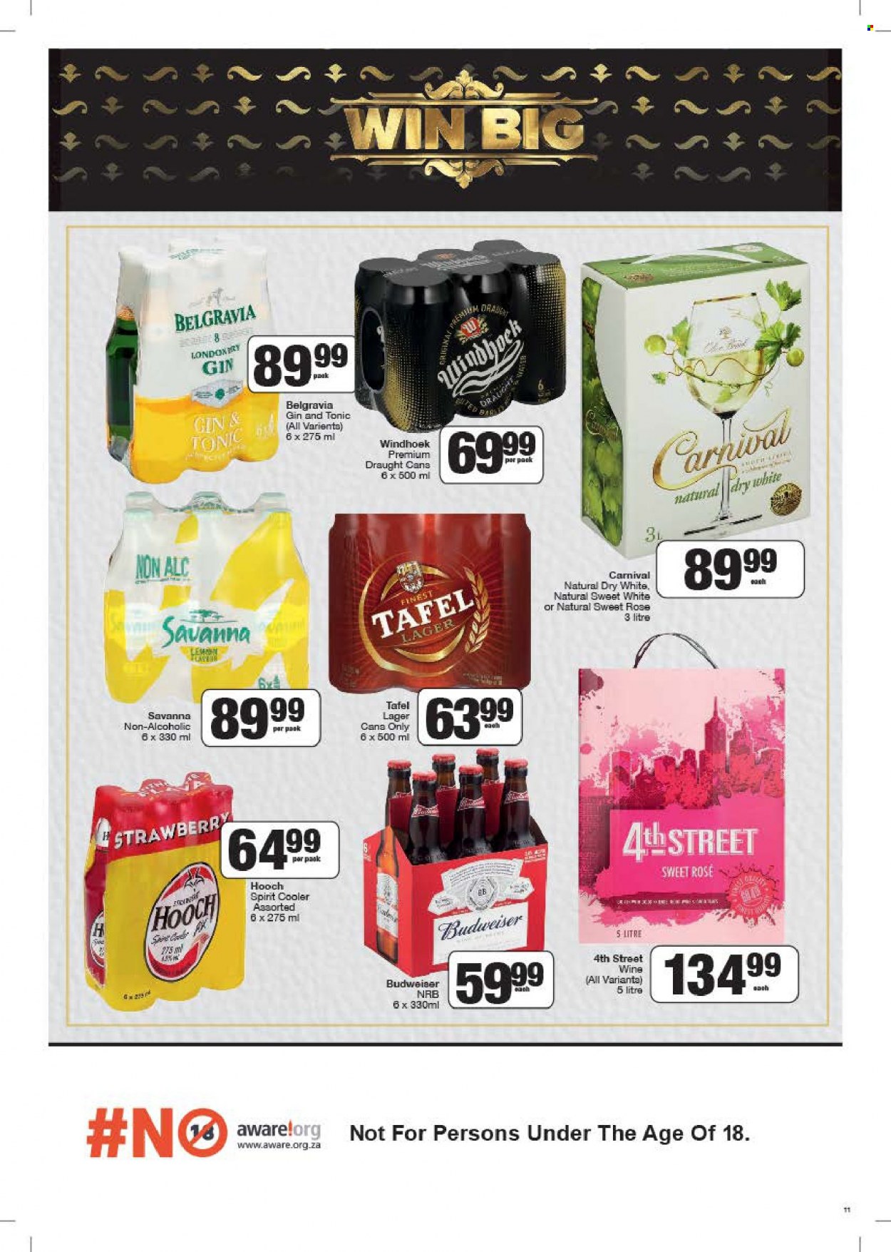 SPAR catalogue  - 23/08/2022 - 04/09/2022 - Sales products - wine, rosé wine, Belgravia, gin & tonic, beer, Lager, Budweiser. Page 11.