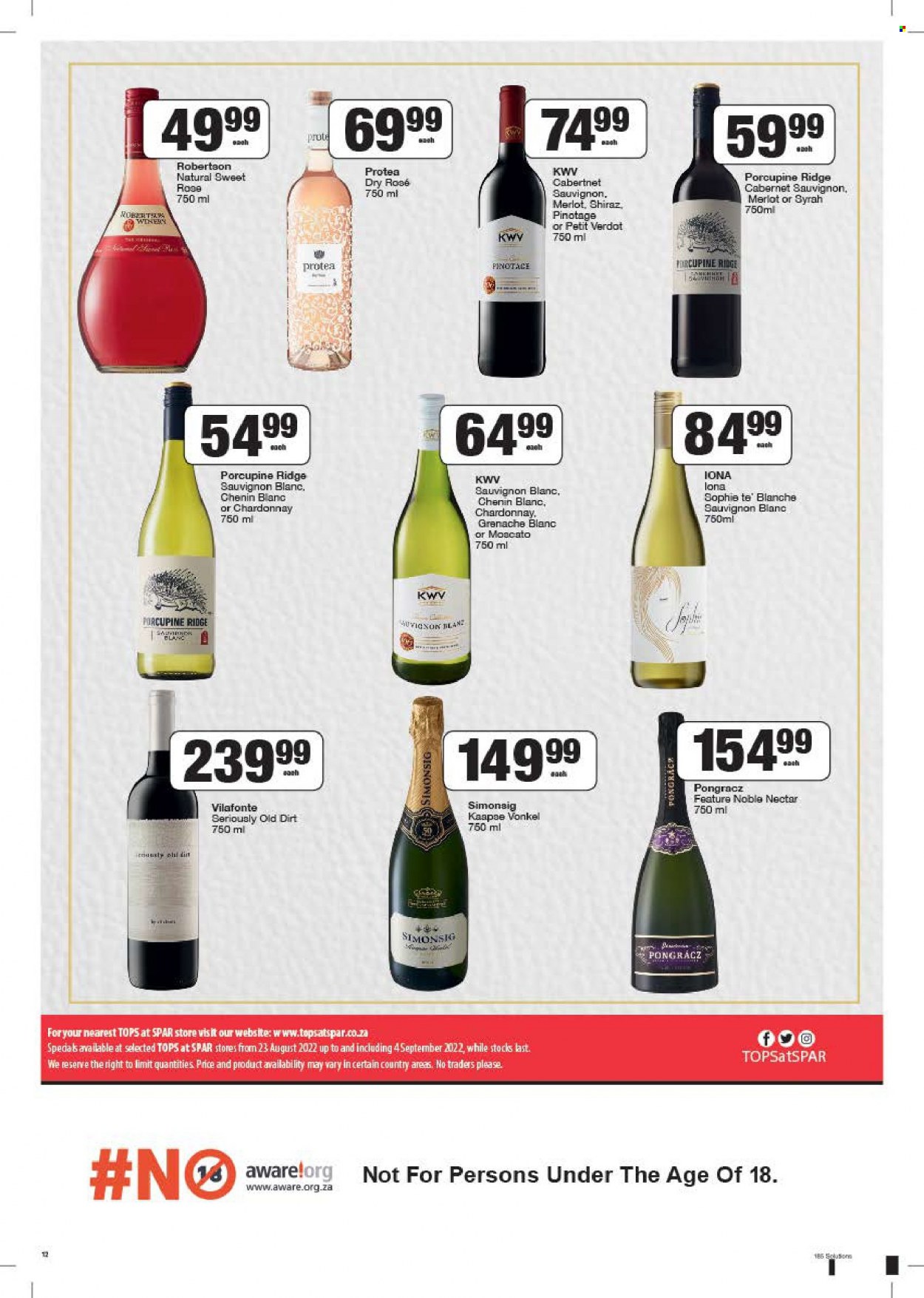 SPAR catalogue  - 23/08/2022 - 04/09/2022 - Sales products - Cabernet Sauvignon, red wine, sparkling wine, white wine, Chardonnay, wine, Merlot, Syrah, KWV, Pongrácz, Moscato, Chenin Blanc, Shiraz, Grenache, Sauvignon Blanc, rosé wine. Page 12.