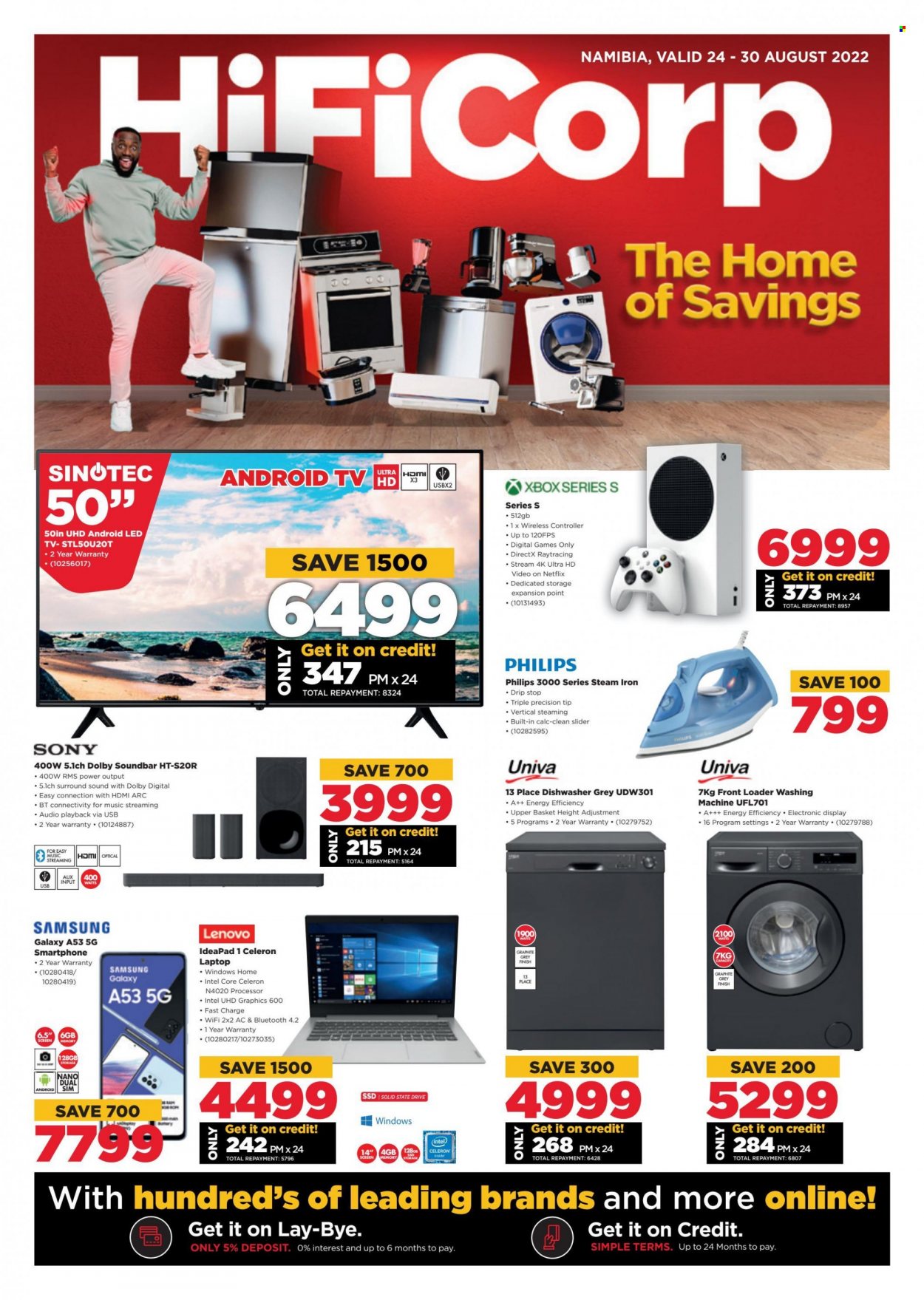 HiFiCorp catalogue  - 24/08/2022 - 30/08/2022 - Sales products - Philips, Intel, Lenovo, Samsung Galaxy, Sony, wireless controller, Samsung, smartphone, laptop, Xbox, Android TV, LED TV, UHD TV, TV, SINOTEC, sound bar, dishwasher, washing machine, iron, steam iron. Page 1.