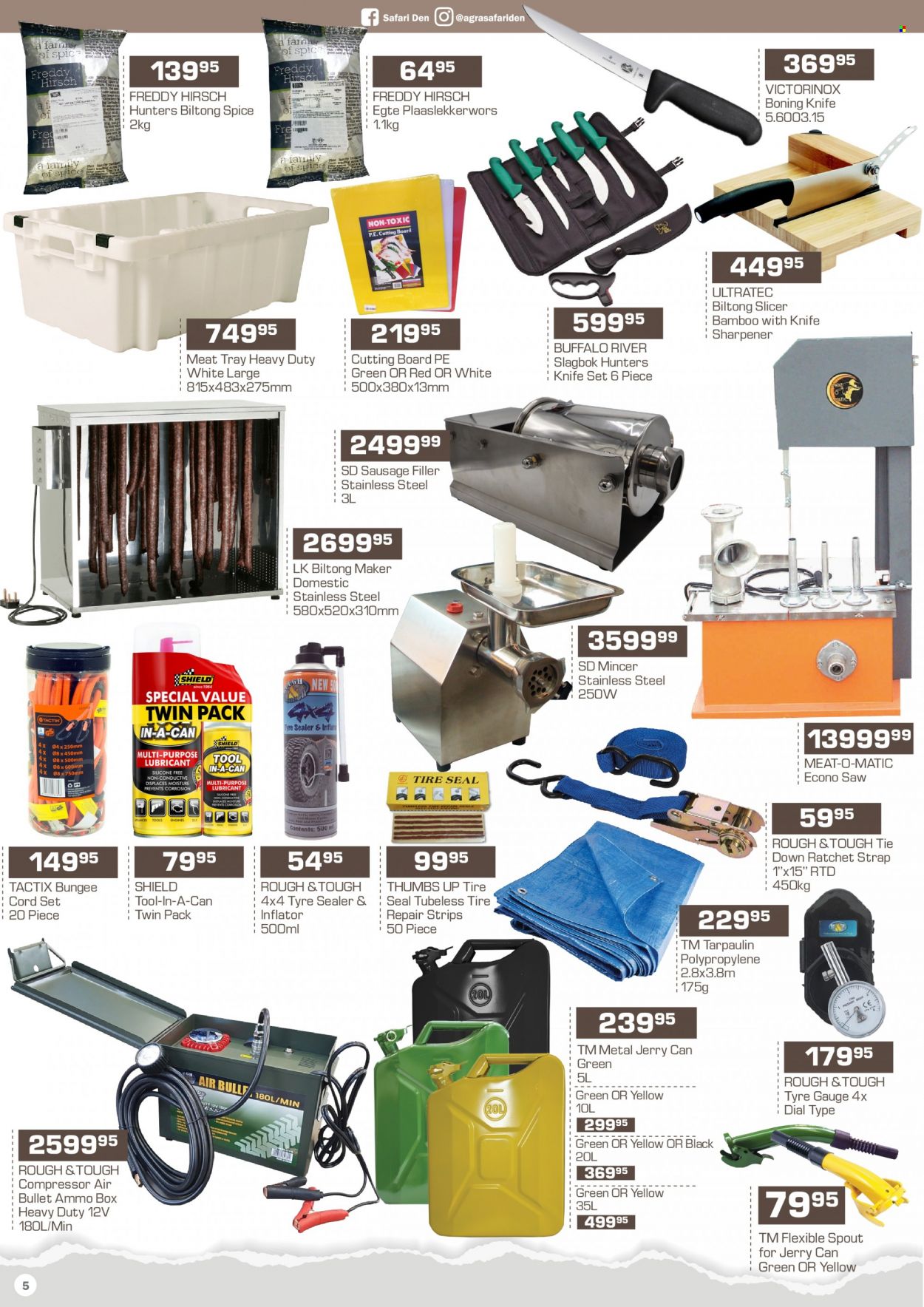 Agra catalogue  - 19/04/2022 - 18/05/2022 - Sales products - knife, sharpener, inflator, tray, saw, air compressor, cord set, ratchet strap, strap, ammo can, jerry can, ammo. Page 5.
