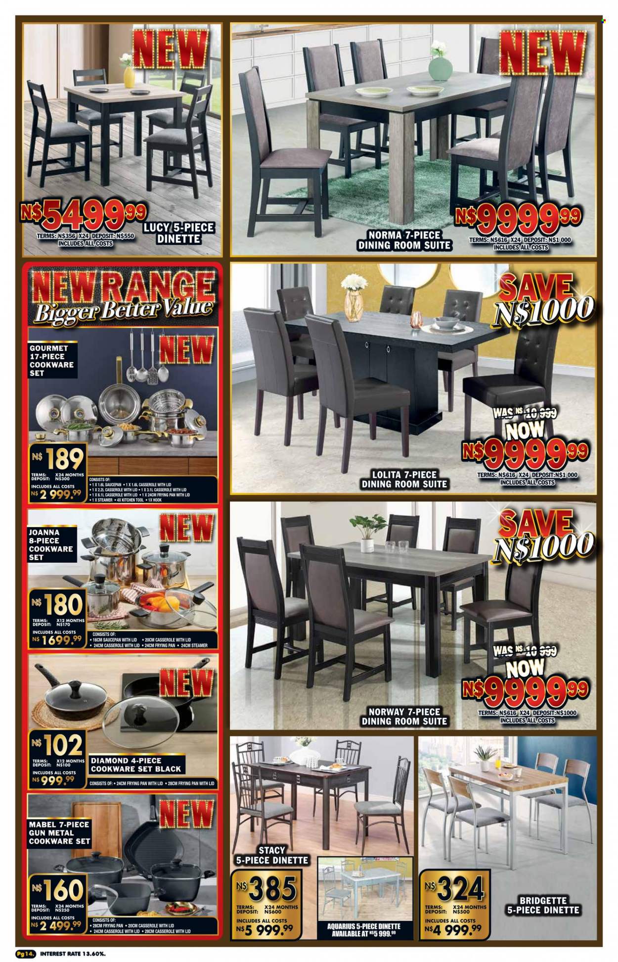 Lewis catalogue  - 25/08/2022 - 17/09/2022 - Sales products - dining room suite, cookware set, casserole, saucepan, kitchen tools. Page 14.