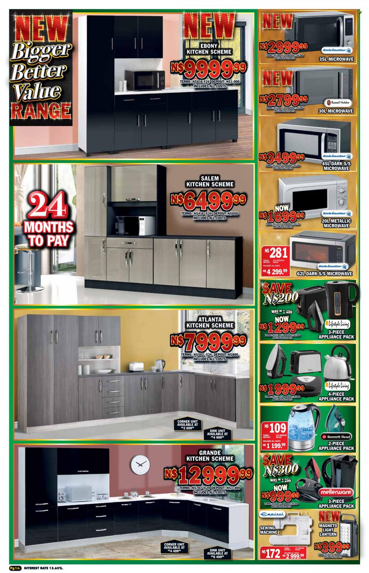 Lewis catalogue  - 25/08/2022 - 17/09/2022 - Sales products - kitchen scheme, lantern, Kelvinator, microwave, Russell Hobbs. Page 16.