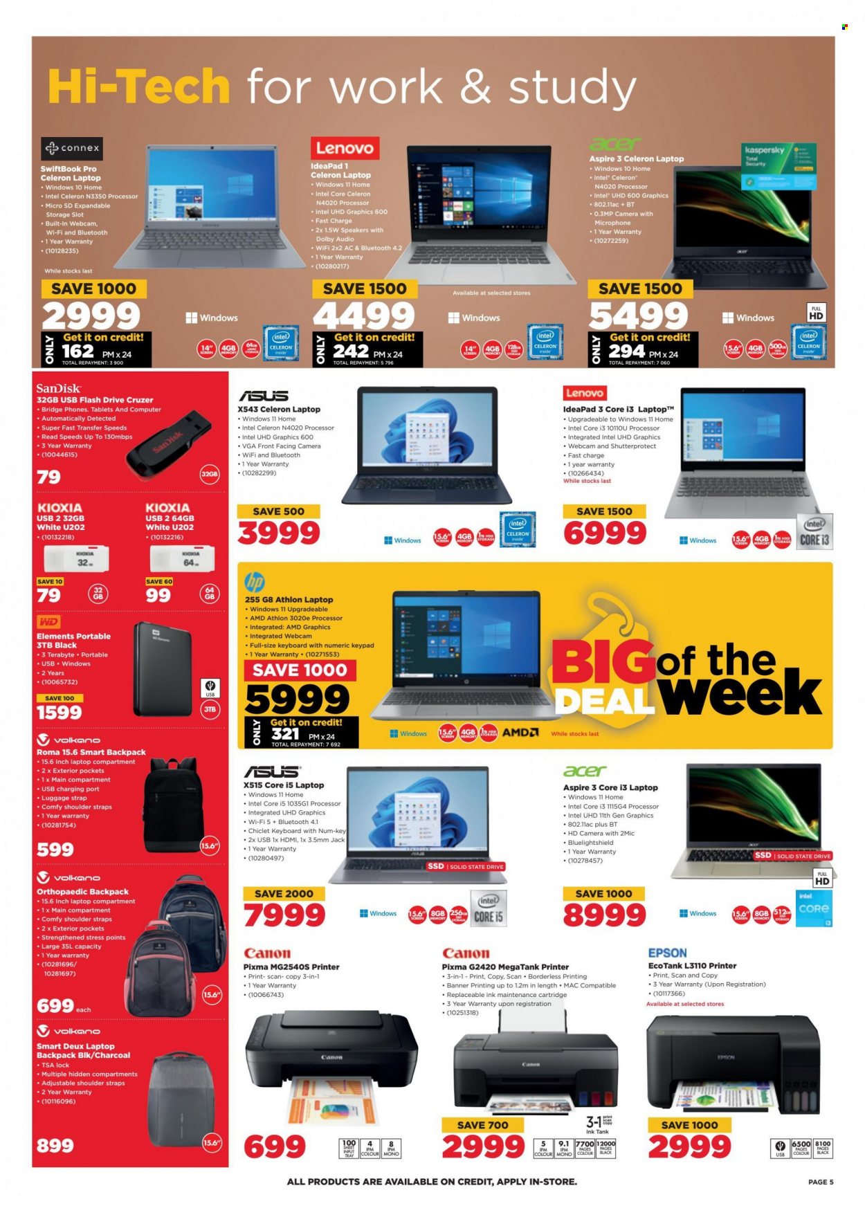 HiFiCorp catalogue  - 31/08/2022 - 04/09/2022 - Sales products - Intel, Acer, Asus, Lenovo, Sandisk, webcam, laptop, computer, Athlon, WD, flash drive, keyboard, laptop backpack, Canon, Epson, speaker, Volkano, printer, cartridge, backpack, luggage. Page 5.