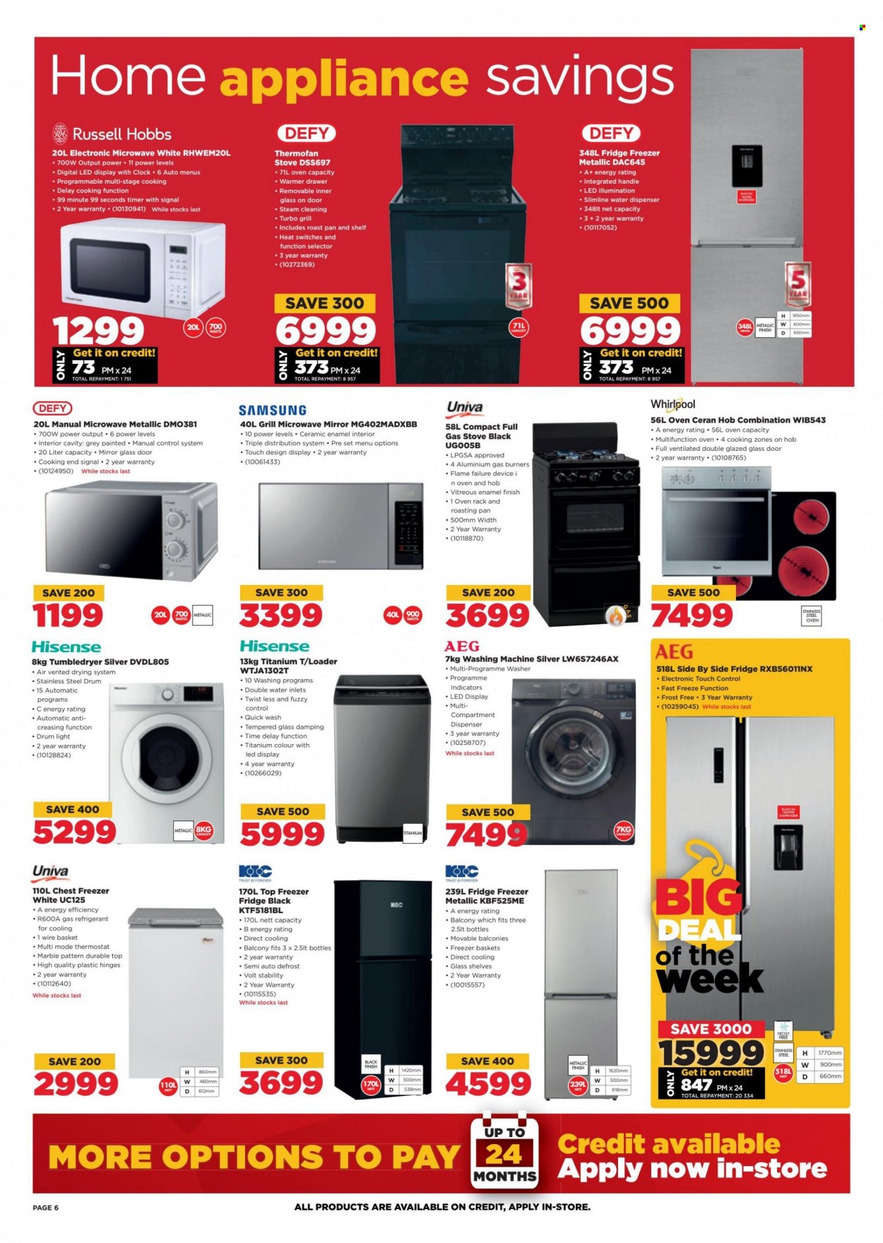 HiFiCorp catalogue  - 31/08/2022 - 04/09/2022 - Sales products - Samsung, Hisense, AEG, Whirlpool, freezer, chest freezer, refrigerator, fridge, oven, stove, gas stove, microwave oven, hob, washing machine, Russell Hobbs. Page 6.