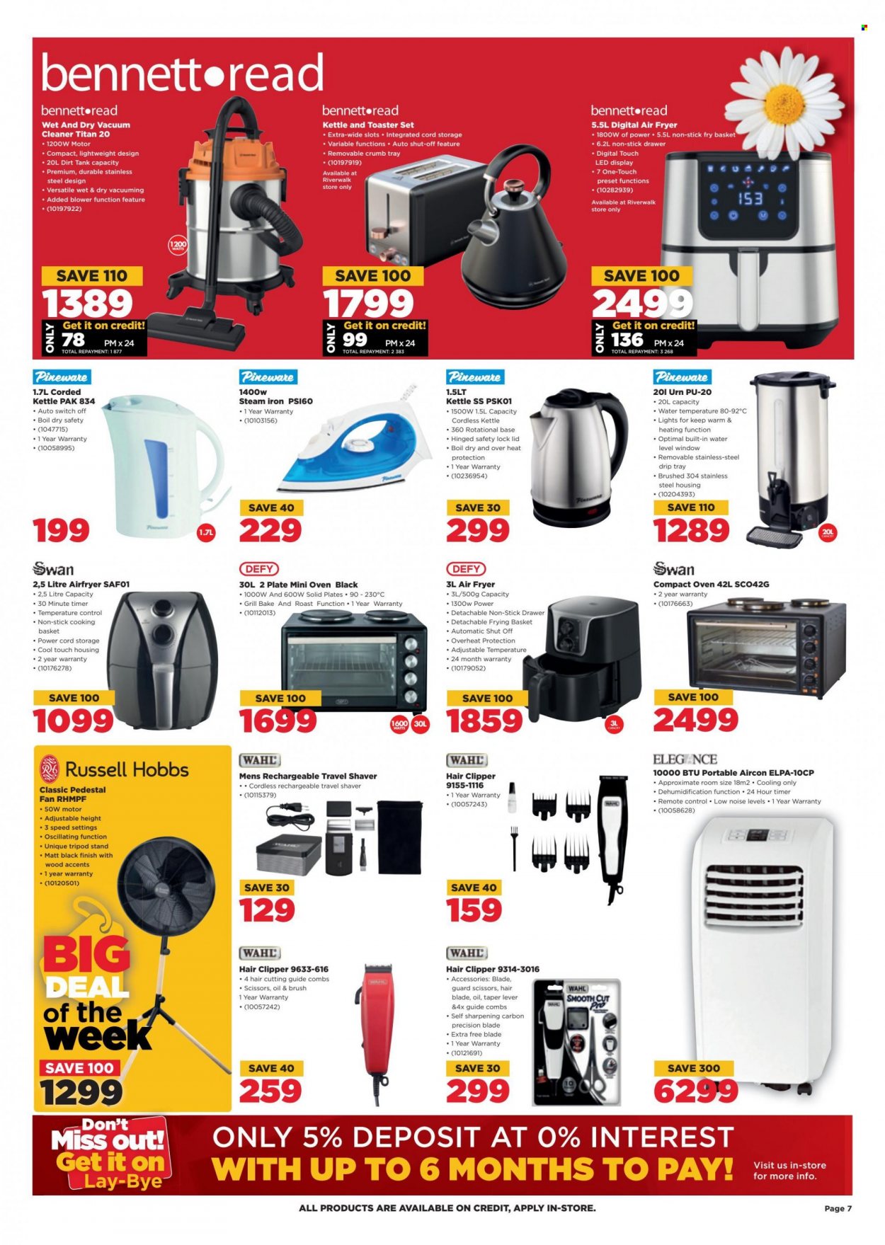 HiFiCorp catalogue  - 31/08/2022 - 04/09/2022 - Sales products - tripod, tripod stand, remote control, oven, compact oven, stand fan, vacuum cleaner, air fryer, Russell Hobbs, toaster, kettle, iron, steam iron, shaver, hair clipper. Page 7.