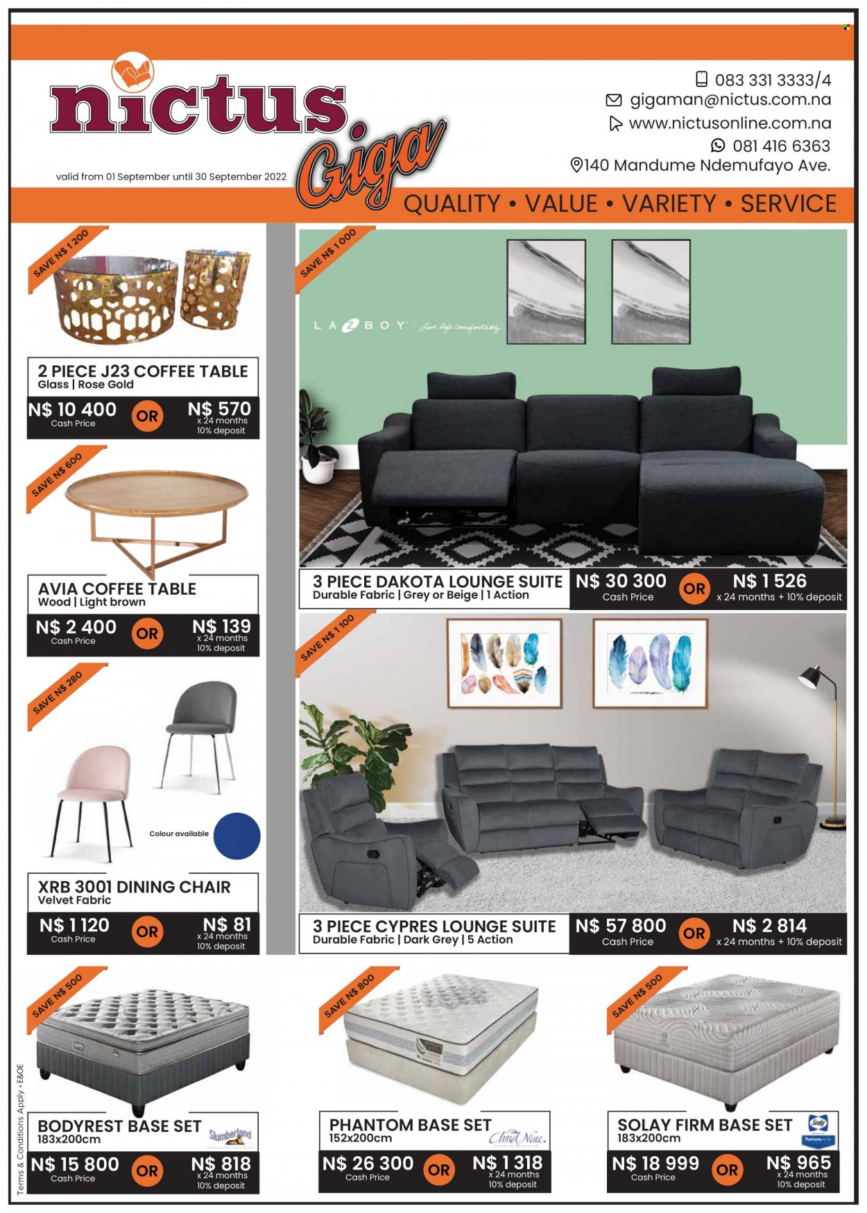 Nictus catalogue  - 01/09/2022 - 30/09/2022 - Sales products - table, chair, dining chair, lounge suite, lounge, coffee table, base set, chair pad. Page 1.