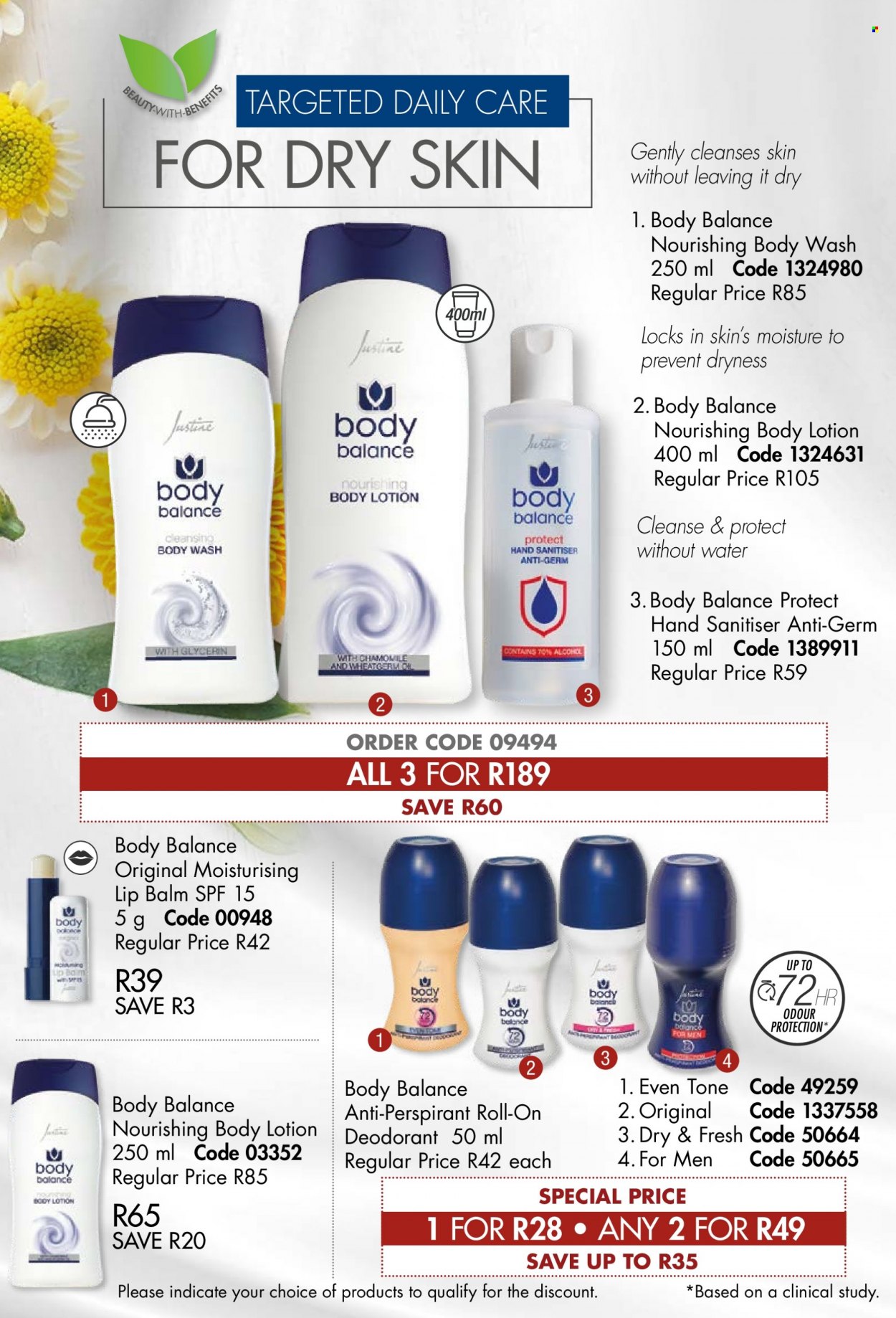 thumbnail - Justine catalogue  - 01/05/2022 - 31/05/2022 - Sales products - body wash, lip balm, body lotion, anti-perspirant, roll-on, deodorant. Page 72.