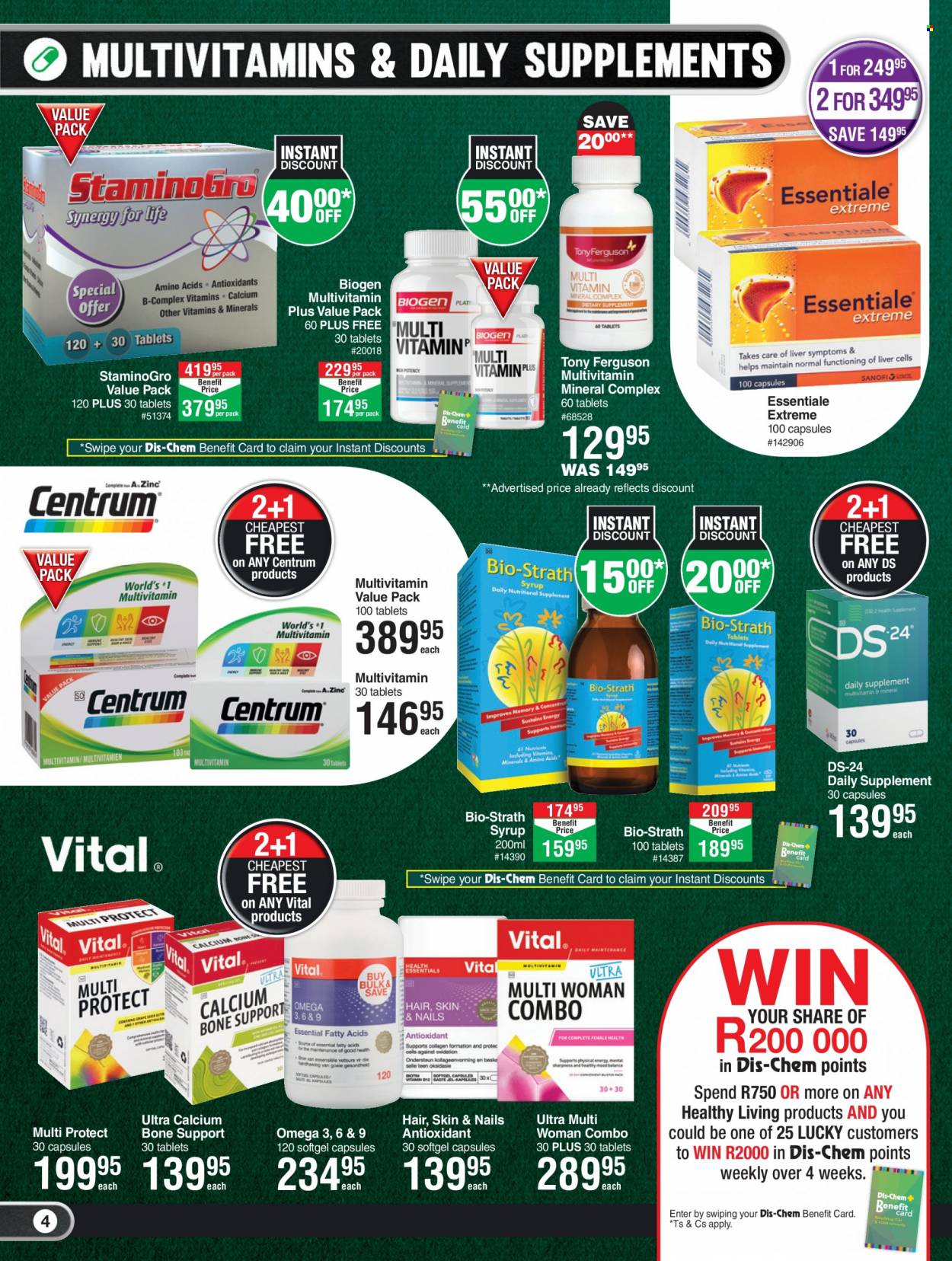 thumbnail - Dis-Chem catalogue  - 15/09/2022 - 16/10/2022 - Sales products - calcium, multivitamin, Omega-3, syrup, Essentiale Extreme, Bio-Strath, Centrum. Page 4.
