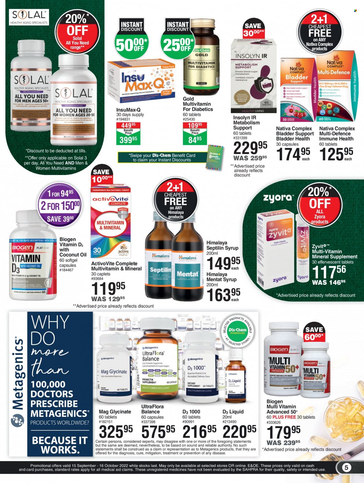 thumbnail - Dis-Chem catalogue  - 15/09/2022 - 16/10/2022 - Sales products - multivitamin, syrup, Activovite, Nativa, Zyora, vitamin D3. Page 5.