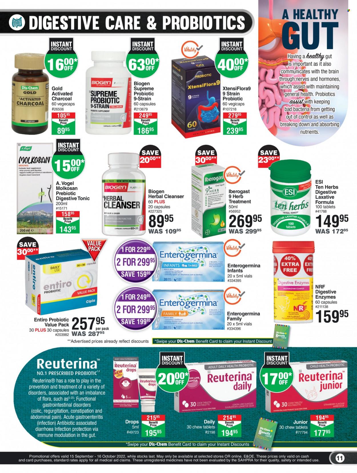 thumbnail - Dis-Chem catalogue  - 15/09/2022 - 16/10/2022 - Sales products - cleanser, probiotics, activated charcoal, laxative. Page 11.