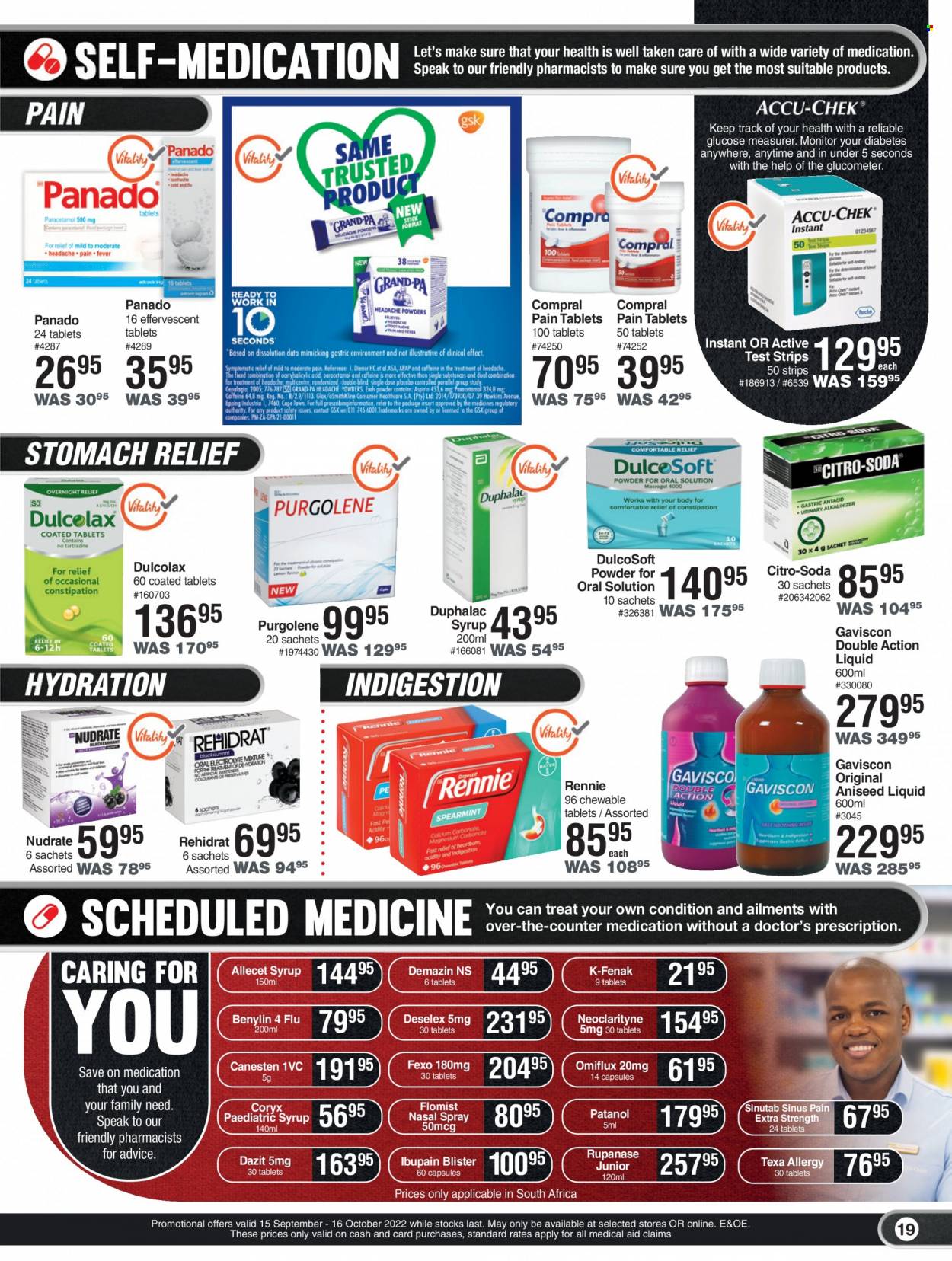 thumbnail - Dis-Chem catalogue  - 15/09/2022 - 16/10/2022 - Sales products - Dulcolax, syrup, Panado, Rennie, Gaviscon, paediatric syrup, Benylin, nasal spray. Page 19.