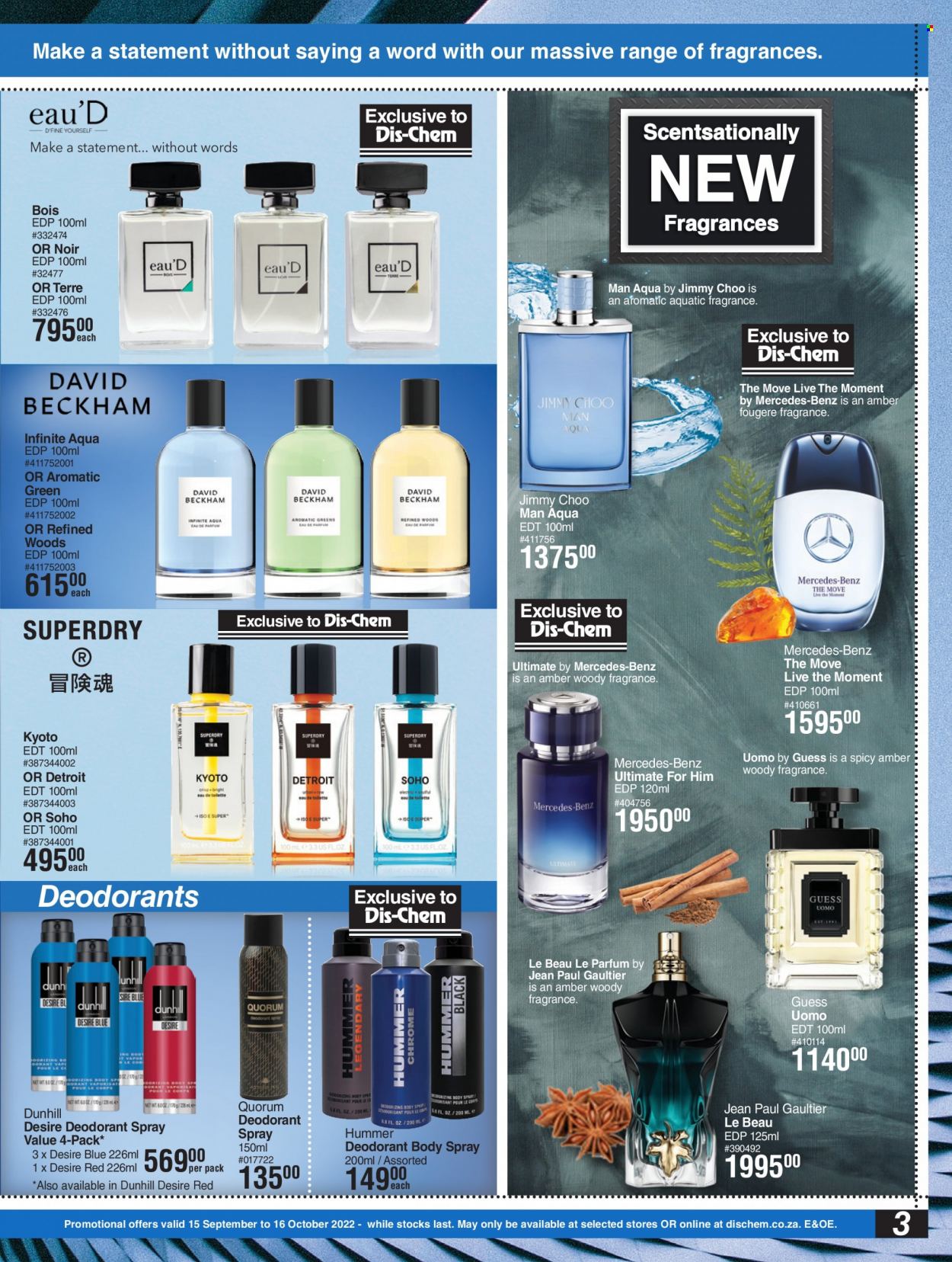 thumbnail - Dis-Chem catalogue  - 15/09/2022 - 16/10/2022 - Sales products - body spray, anti-perspirant, Dunhill, eau de parfum, eau de toilette, fragrance, Kyoto, Jimmy Choo, Guess, deodorant. Page 3.