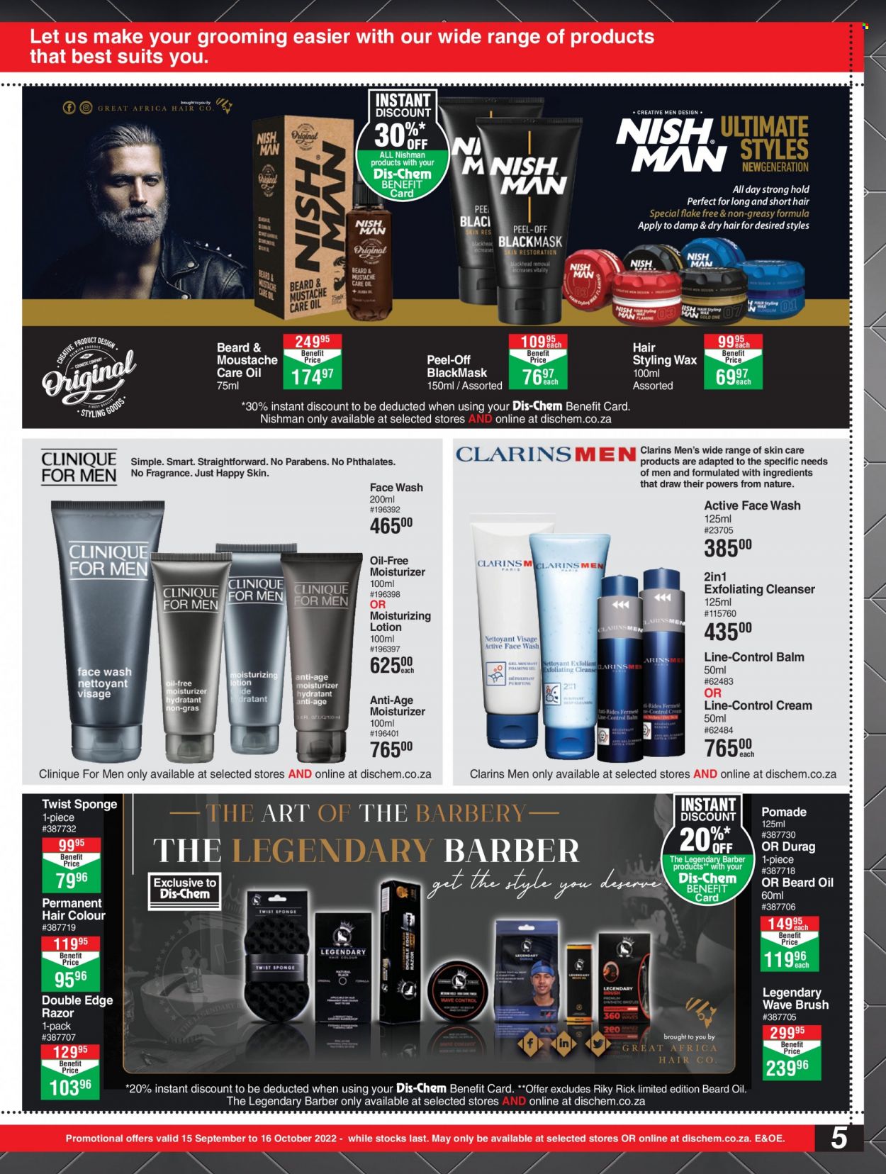 thumbnail - Dis-Chem catalogue  - 15/09/2022 - 16/10/2022 - Sales products - WAVE, face gel, cleanser, Clinique, moisturizer, beard oil, face wash, hair color, body lotion, fragrance, razor, brush. Page 5.