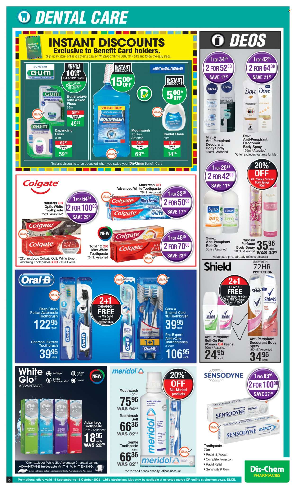 thumbnail - Dis-Chem catalogue  - 15/09/2022 - 16/10/2022 - Sales products - Nivea, Dove, Colgate, toothbrush, Oral-B, toothpaste, mouthwash, body spray, anti-perspirant, eau de parfum, roll-on, Yardley, deodorant, Sanex. Page 5.