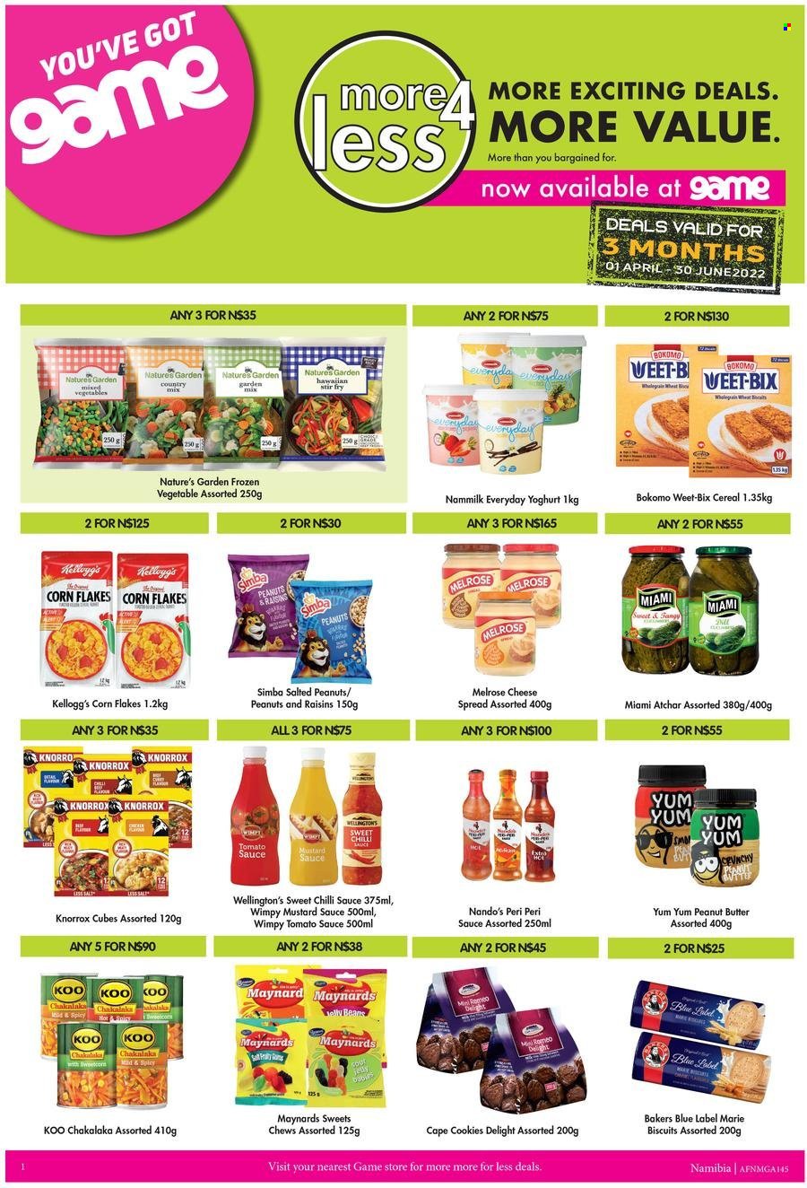 Game catalogue  - 01/04/2022 - 30/06/2022 - Sales products - sauce, chakalaka, cheese spread, Melrose, yoghurt, mixed vegetables, Natures Garden, cookies, cereal bar, chewing gum, Kellogg's, biscuit, jelly beans, Simba, Knorrox, tomato sauce, Koo, cereals, corn flakes, Weet-Bix, mustard, chilli sauce, mustard sauce, sweet chilli sauce, peri peri sauce, atchar, peanut butter, peanuts, Bakers. Page 1.