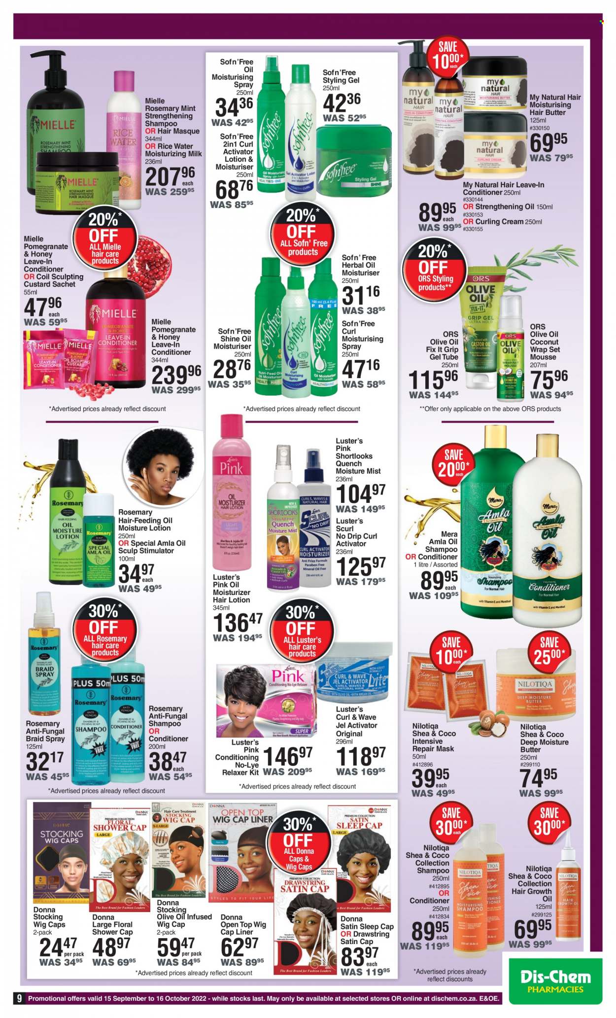 thumbnail - Dis-Chem catalogue  - 15/09/2022 - 16/10/2022 - Sales products - WAVE, shampoo, moisturizer, conditioner, Mielle, styling gel, relaxer, body lotion. Page 9.