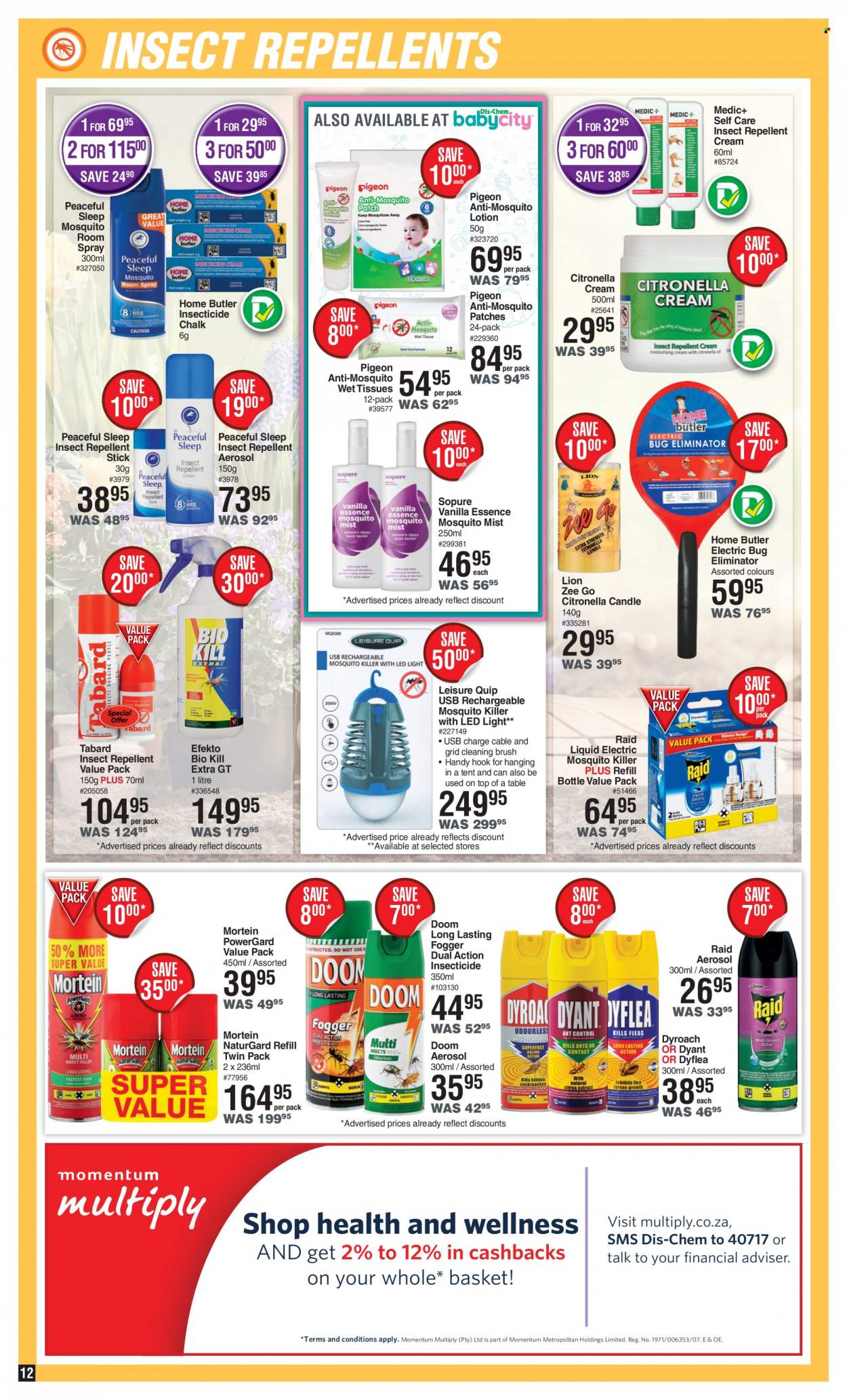 thumbnail - Dis-Chem catalogue  - 15/09/2022 - 16/10/2022 - Sales products - tissues, Mortein, body lotion, repellent, insecticide, Raid, brush. Page 12.