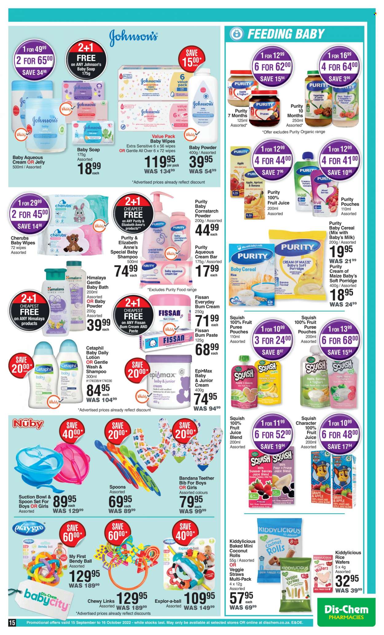 thumbnail - Dis-Chem catalogue  - 15/09/2022 - 16/10/2022 - Sales products - wipes, baby wipes, Johnson's, baby bath, baby powder, Epi-Max, shampoo, soap, body lotion. Page 15.