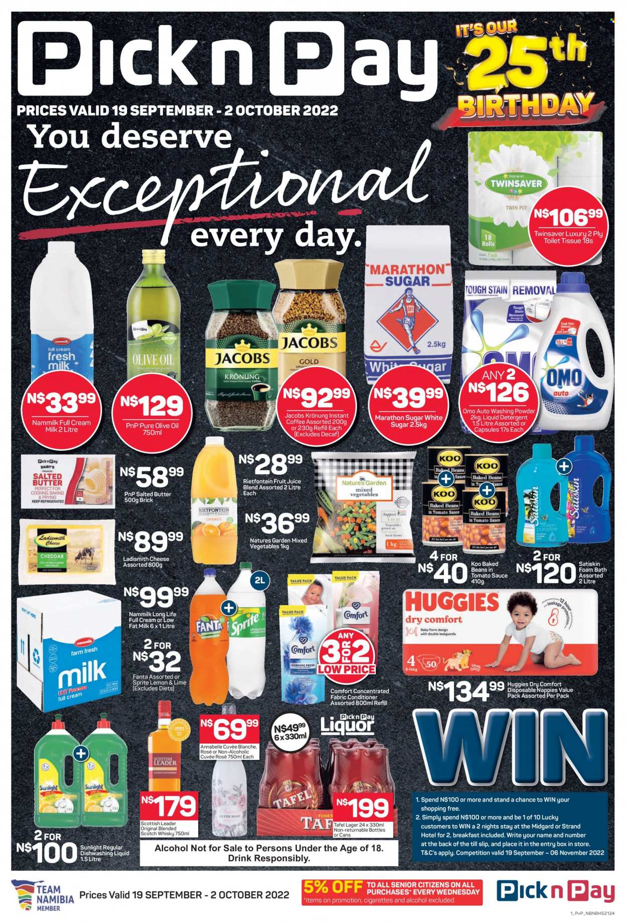 Pick n Pay catalogue  - 19/09/2022 - 02/10/2022 - Sales products - cheese, butter, Ladismith, salted butter, mixed vegetables, Natures Garden, sugar, baked beans, Koo, olive oil, oil, Sprite, Fanta, fruit juice, juice, instant coffee, Jacobs, Jacobs Krönung, Cuvée, alcohol, rosé wine, scotch whisky, whisky, beer, Lager, Huggies, nappies, detergent, fabric conditioner, Omo, liquid detergent, laundry powder, Sunlight, dishwashing liquid, bath foam, Satiskin. Page 1.