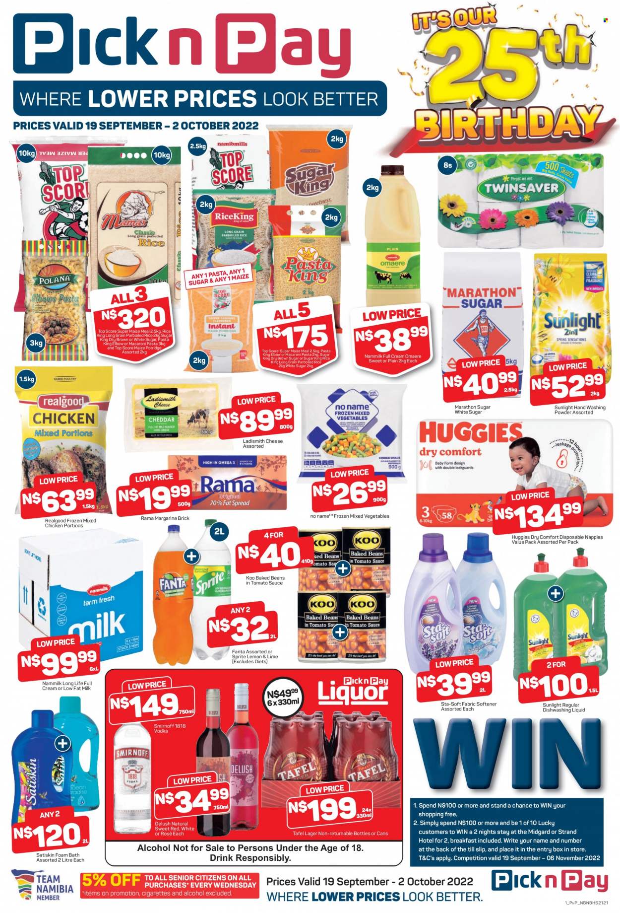 Pick n Pay catalogue  - 19/09/2022 - 02/10/2022 - Sales products - beans, macaroni, pasta, cheese, milk, margarine, Rama, Ladismith, mixed vegetables, cane sugar, maize meal, baked beans, Koo, porridge, rice, parboiled rice, Sprite, Fanta, alcohol, rosé wine, Smirnoff, vodka, beer, Lager, Huggies, nappies, fabric softener, laundry powder, Sunlight, dishwashing liquid, bath foam, Satiskin. Page 1.
