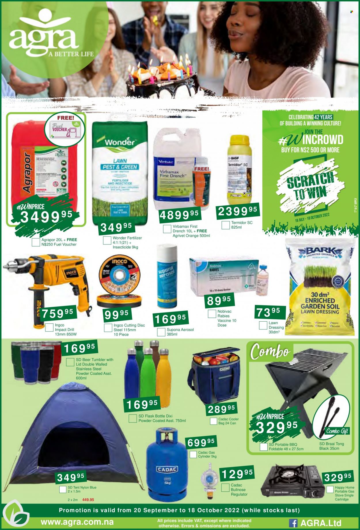Agra catalogue  - 20/09/2022 - 18/10/2022 - Sales products - bag, stove, drill, tong, braai, portable barbecue, fertilizer, tent. Page 1.