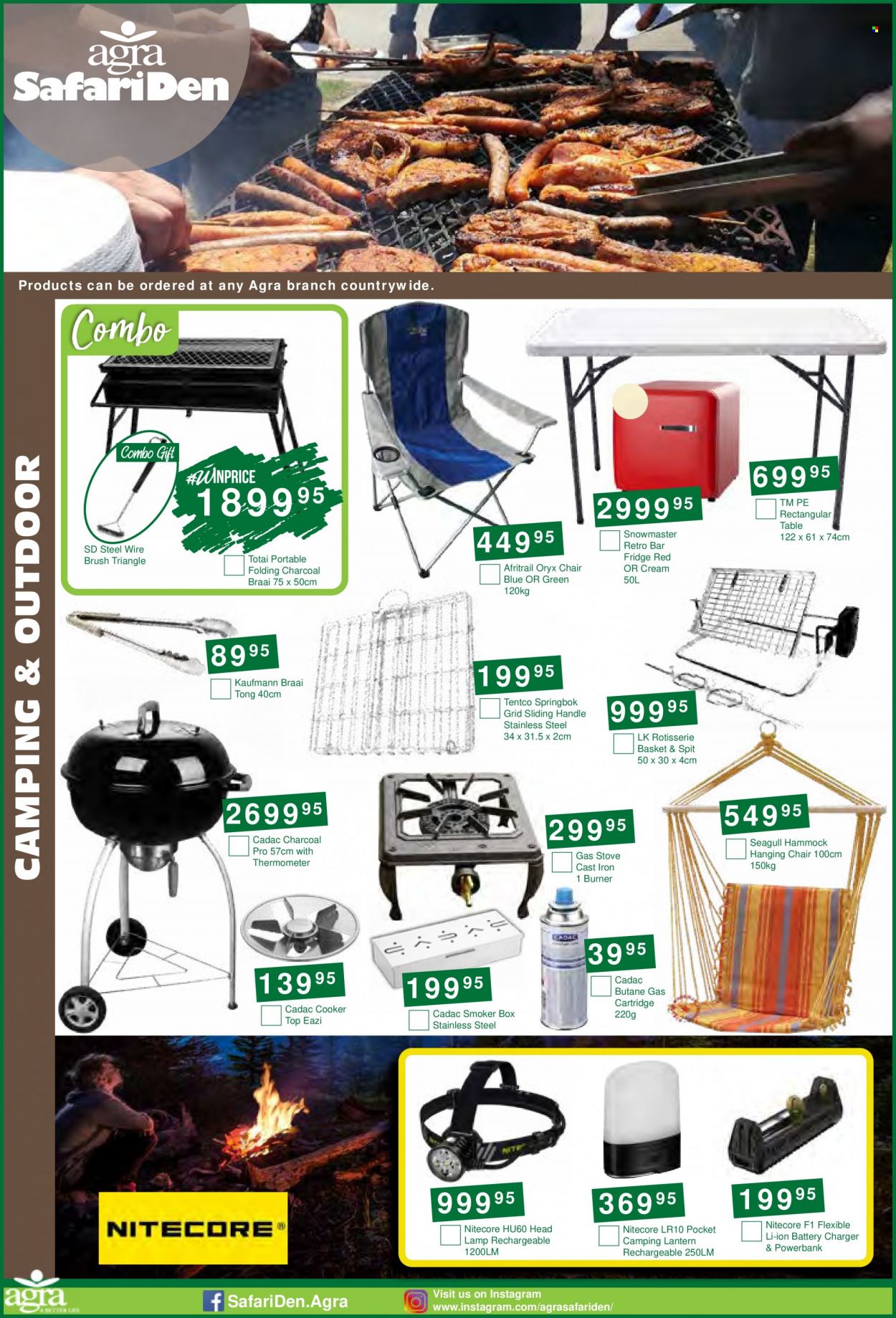 Agra catalogue  - 20/09/2022 - 18/10/2022 - Sales products - basket, thermometer, battery charger, lamp, lantern, stove, tong, wire brush, brush, table, braai, charcoal braai, hammock, chair, smoker. Page 2.